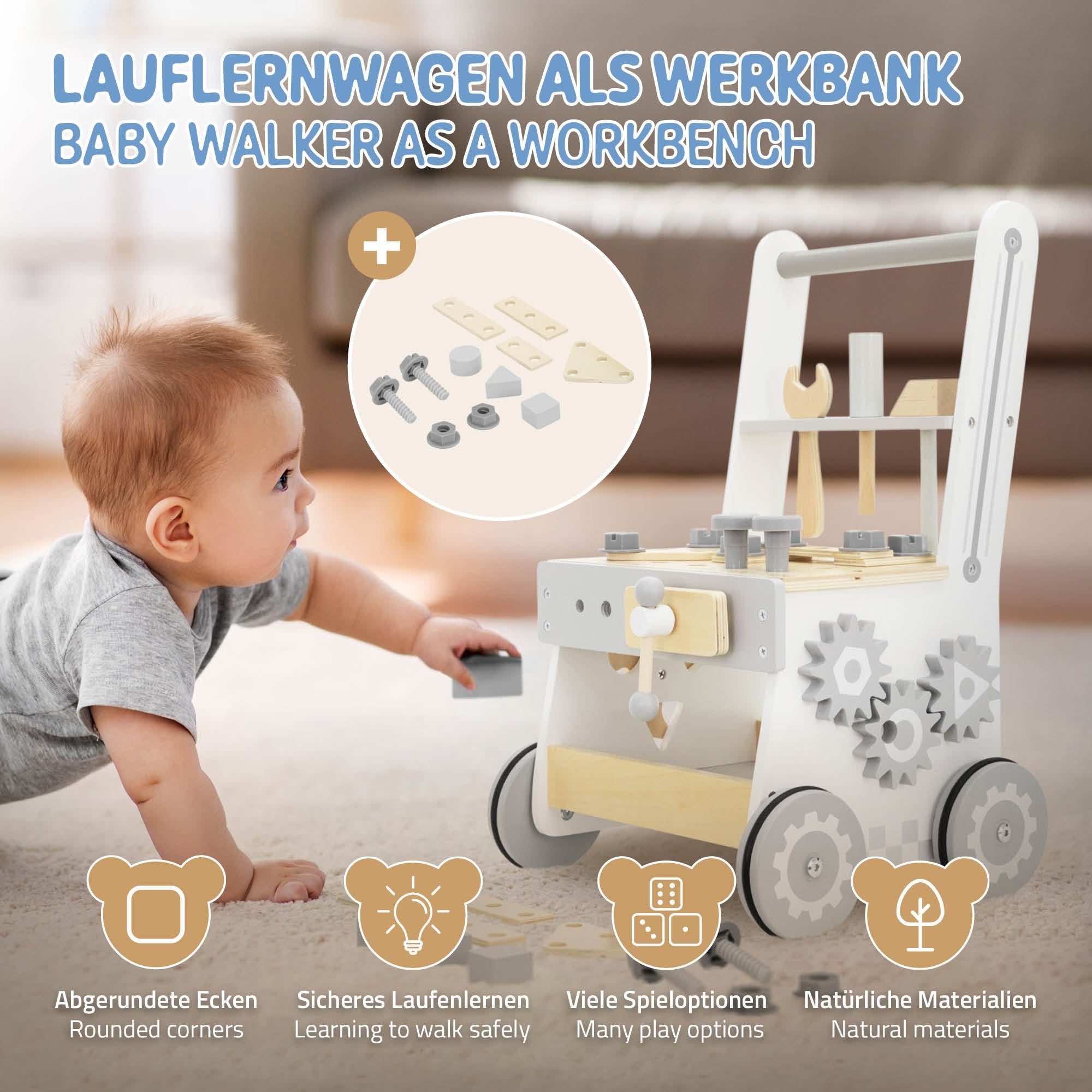 Baby mit Lauflernwagen, der als Werkbank genutzt wird, umgeben von Spielzeug.