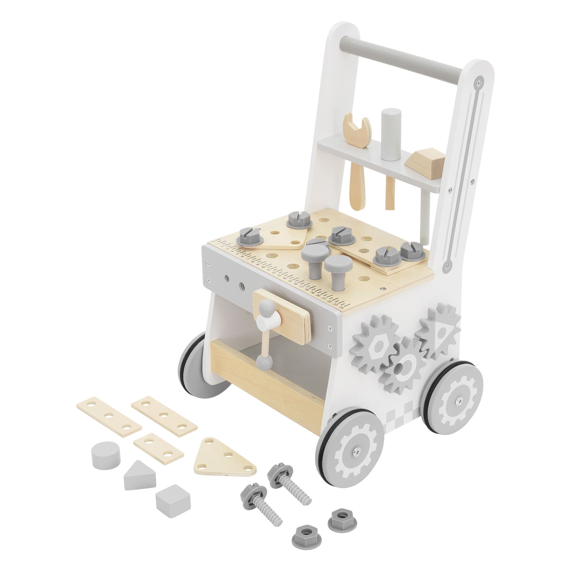 Holzspielzeug-Wagen mit Werkzeugen und verschiedenen Bauteilen.
