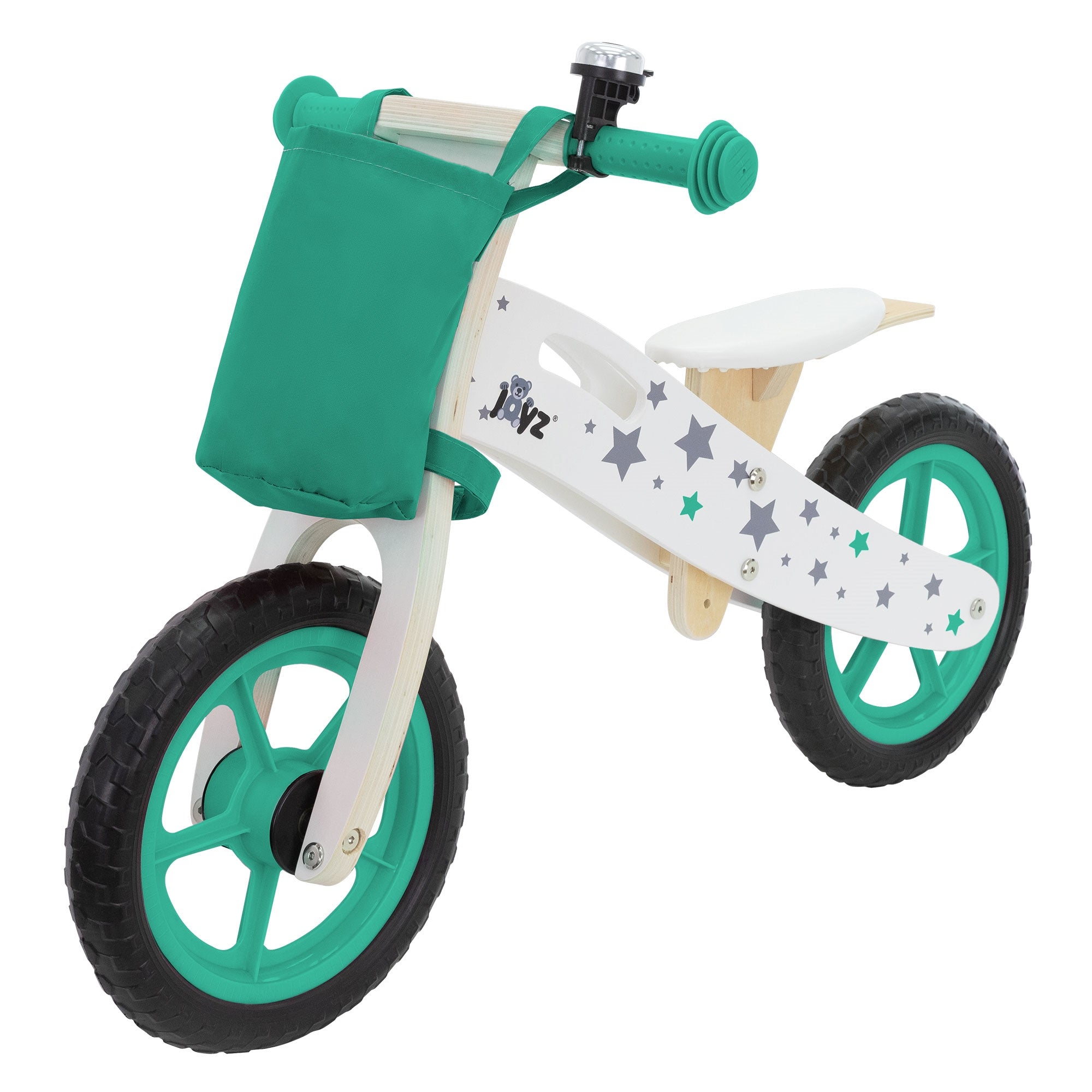 Kinderfahrrad mit grüner Tasche und Gummigriffen.