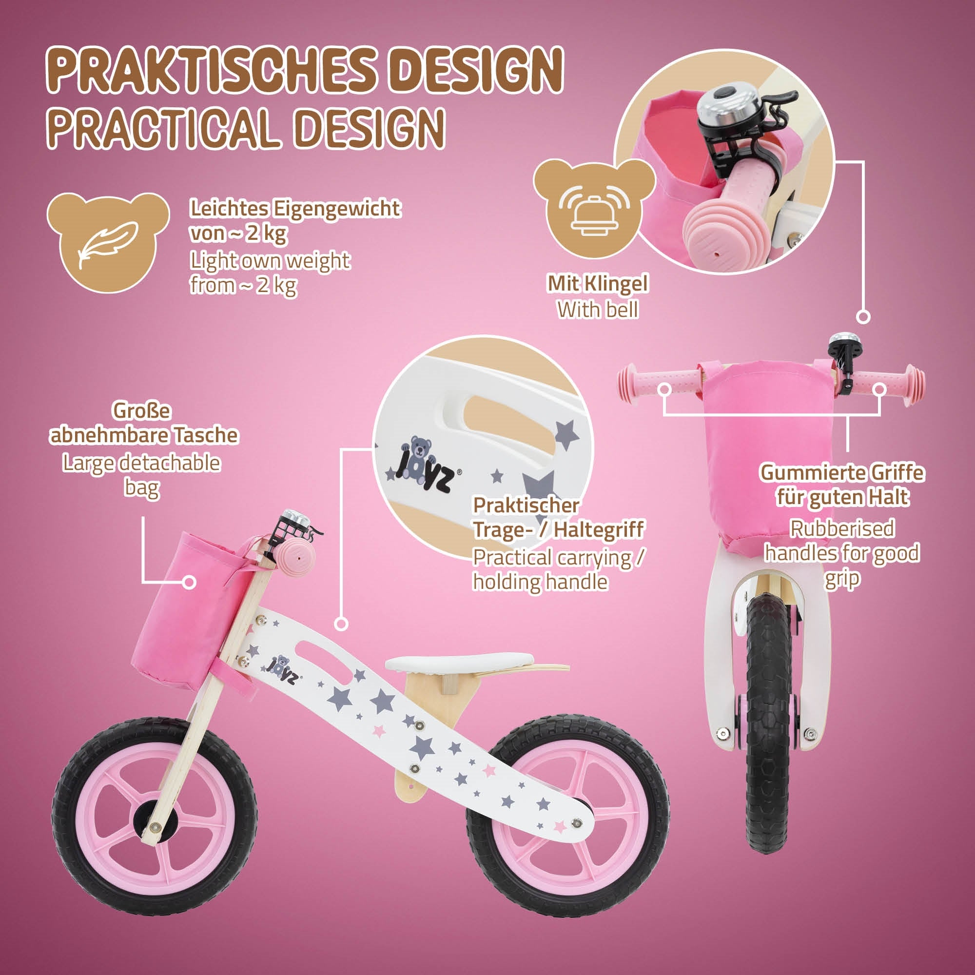 Rosa Kinderfahrrad mit Tasche, Klingel und gummierten Griffen.