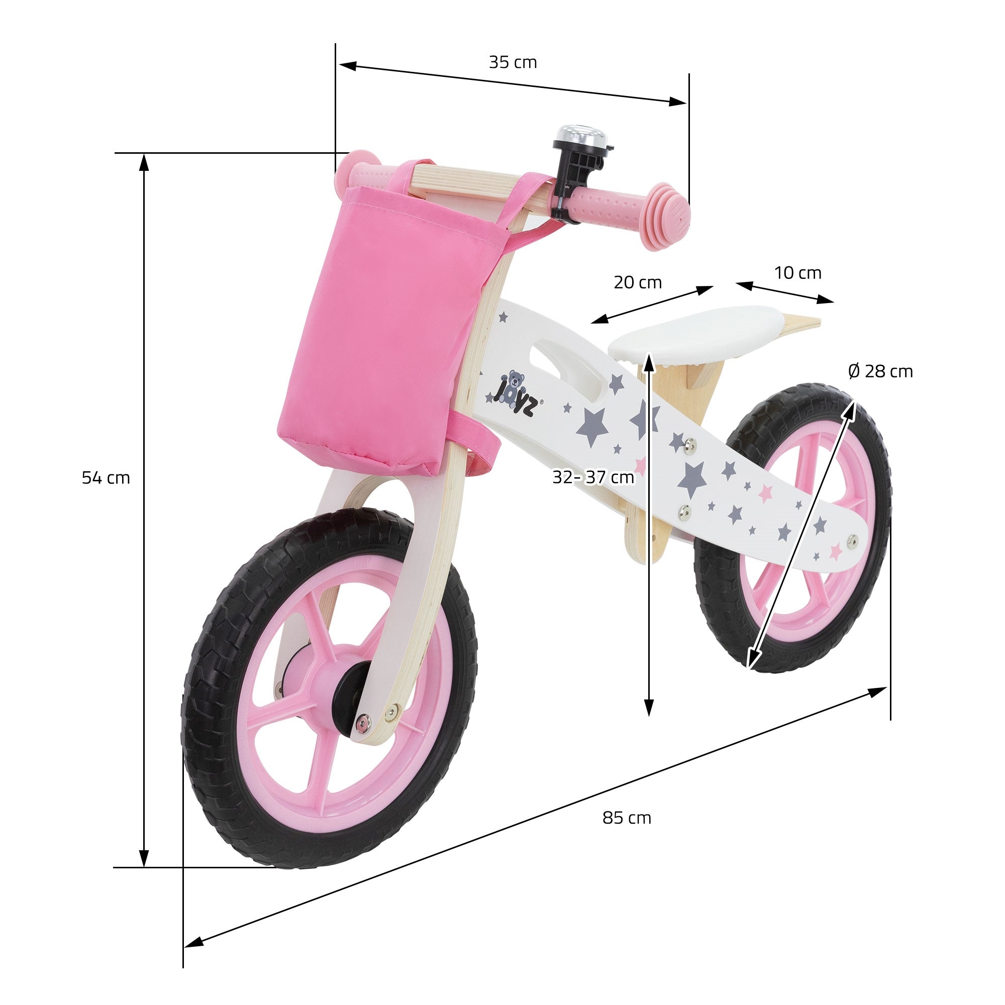 Maßzeichnung eines Kinderfahrrads mit Abmessungen in cm.