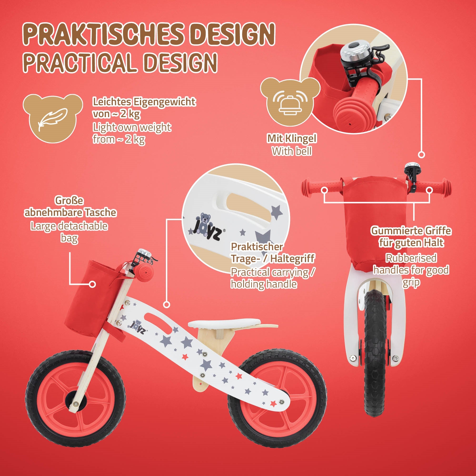 Laufrad in Rot mit einer großen Tasche und einem Klingel.