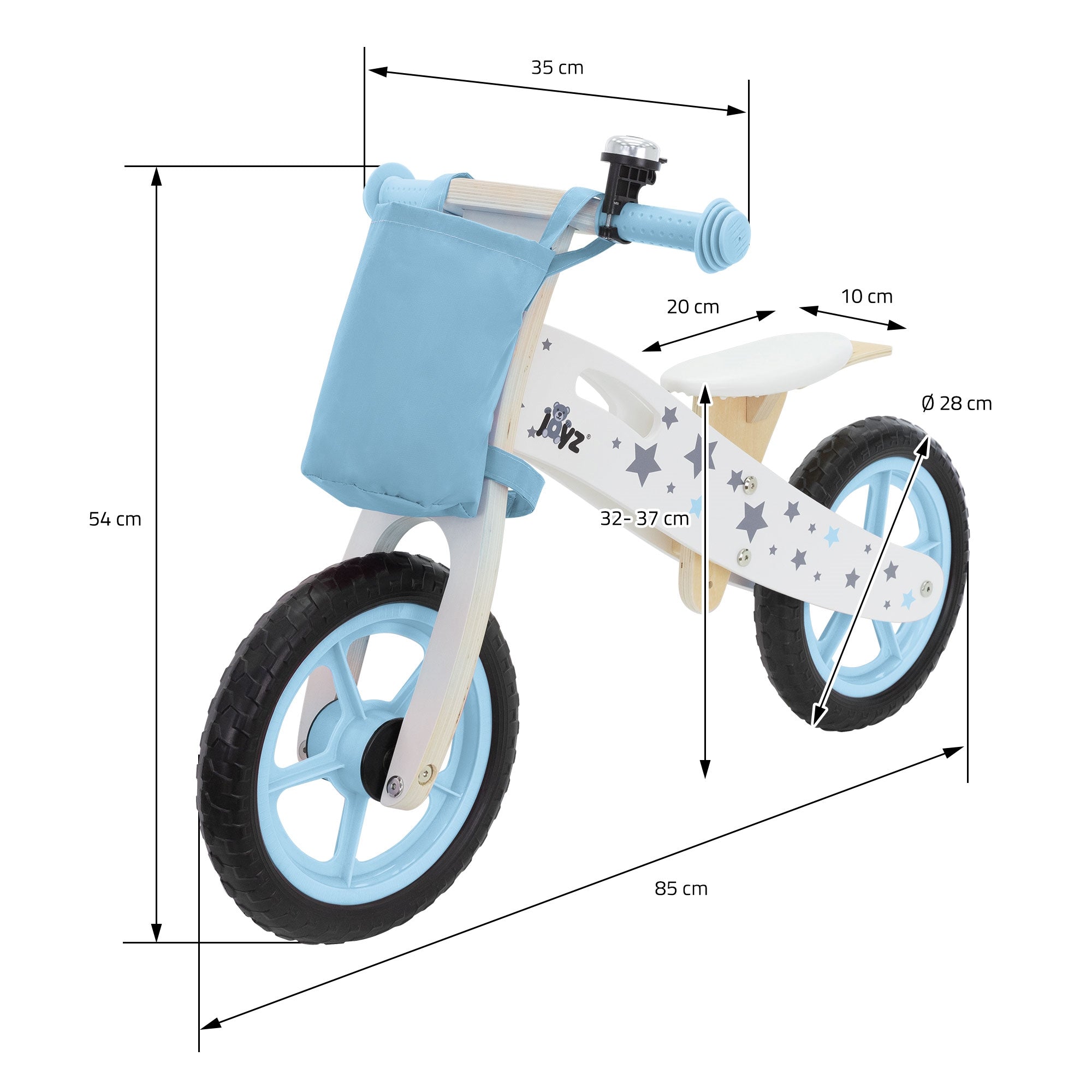 Ein Balance-Bike mit Abmessungen und einem blauen Lenker.