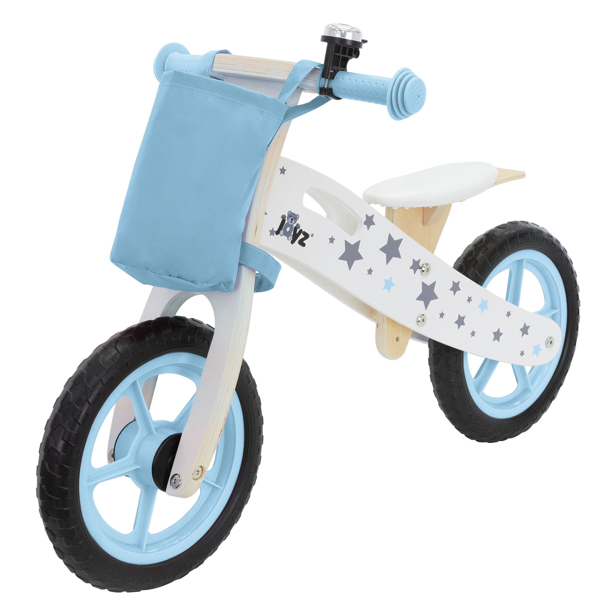 Nahaufnahme eines blauen Kinderlaufrads mit Klingel und Holzrahmen.