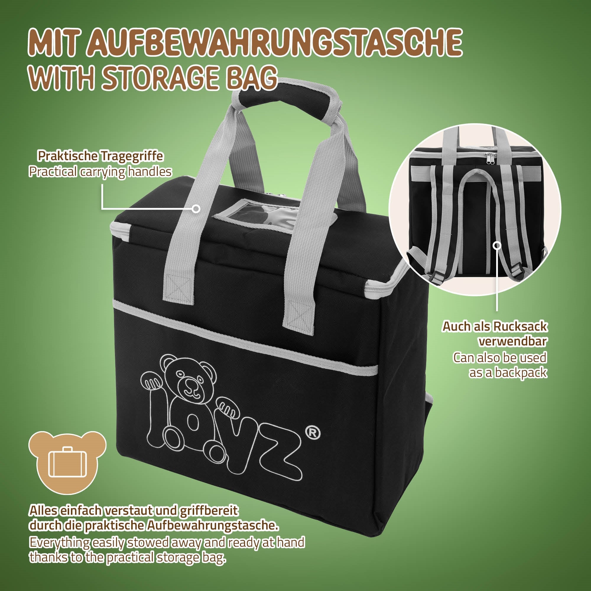 Eine praktische Aufbewahrungstasche mit Tragegriffen und Rucksackfunktion.