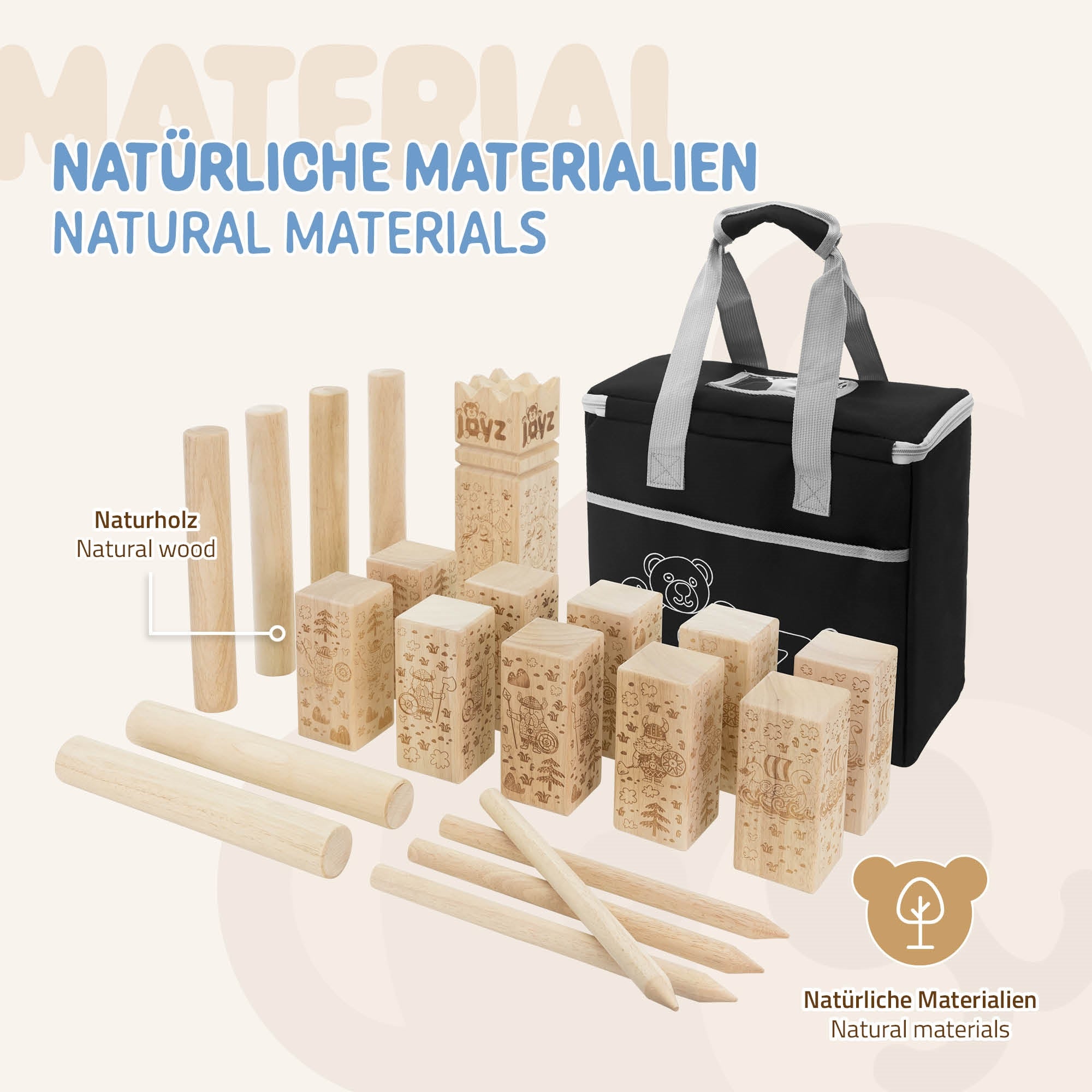 Ein Set aus Holzspielzeug mit verschiedenen Bausteinen in einer Tasche.