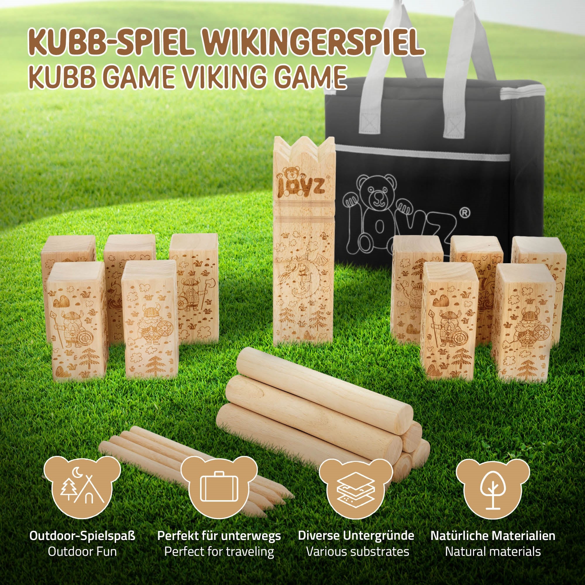 Kubb-Spielset mit Holzklötzen und Spielstäben, in einer Tasche.