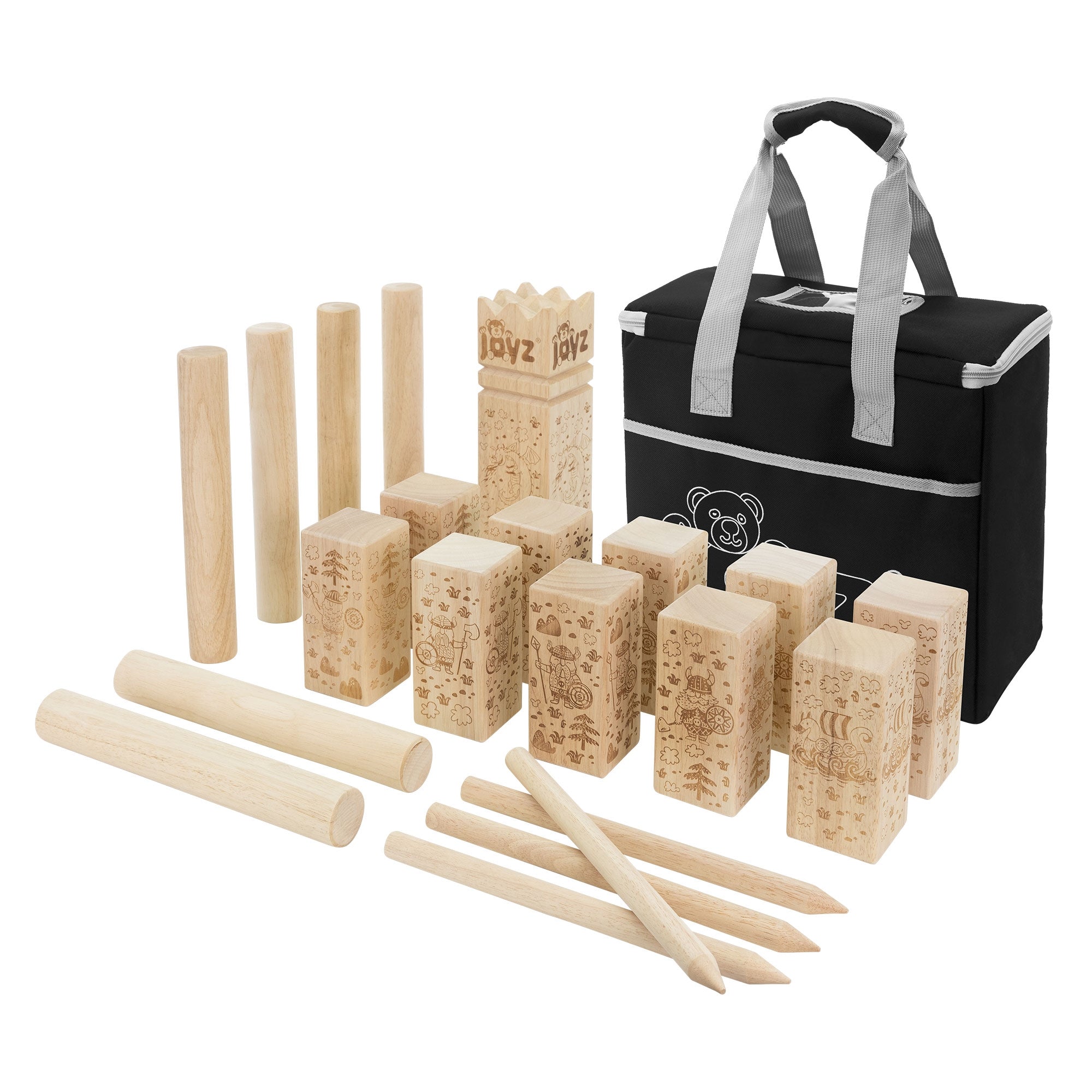 Holzspielzeugset mit verschiedenen Bausteinen und einer Tragetasche.