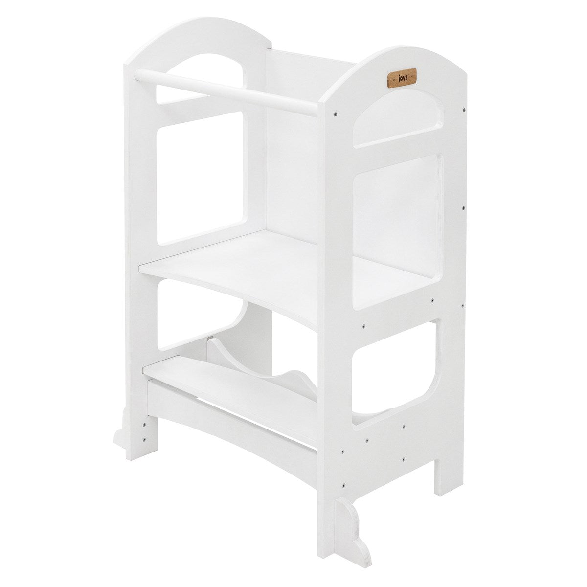 A white wooden high chair with two levels and a handle.