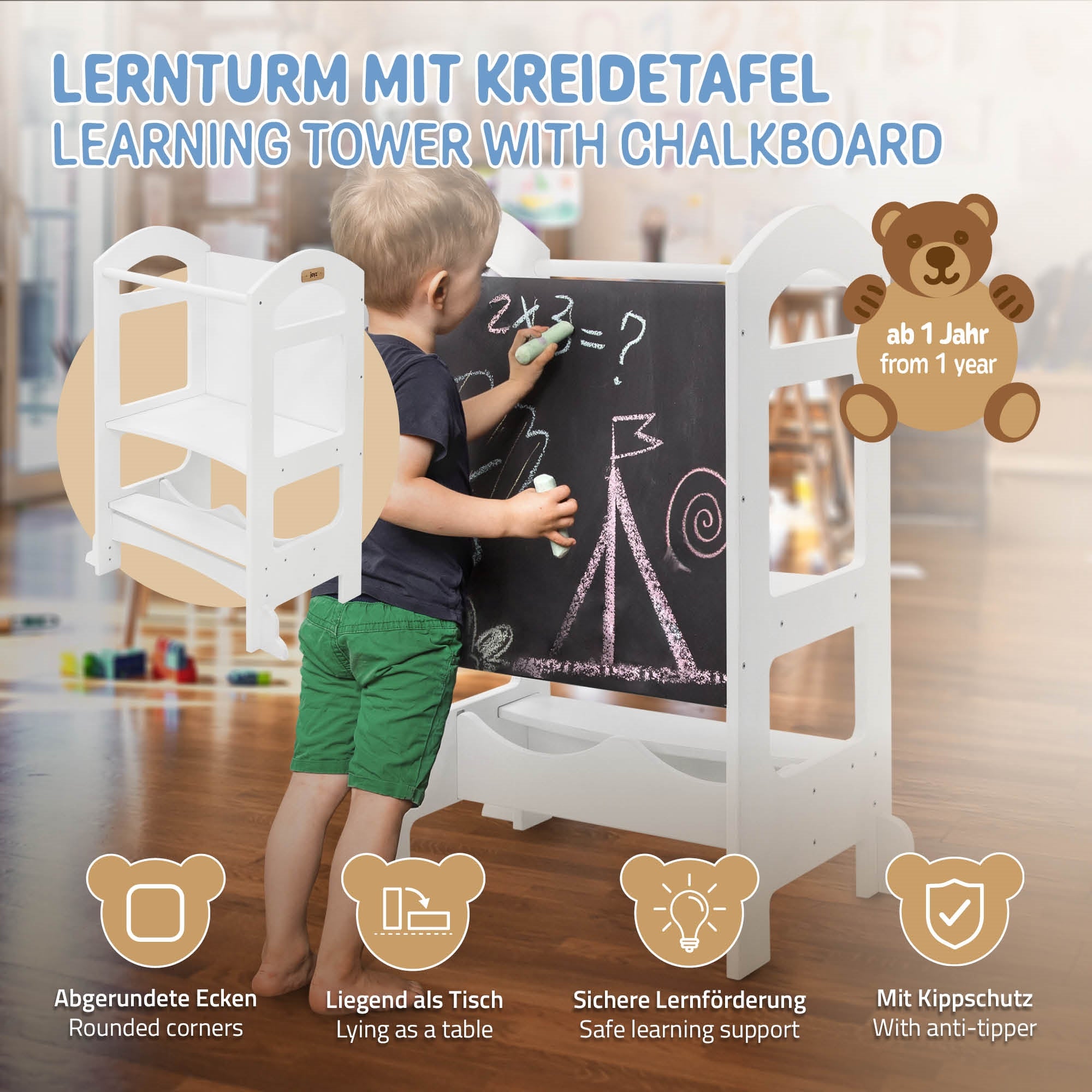 Kind malt an einer weißen Lernplattform mit Kreidetafel.