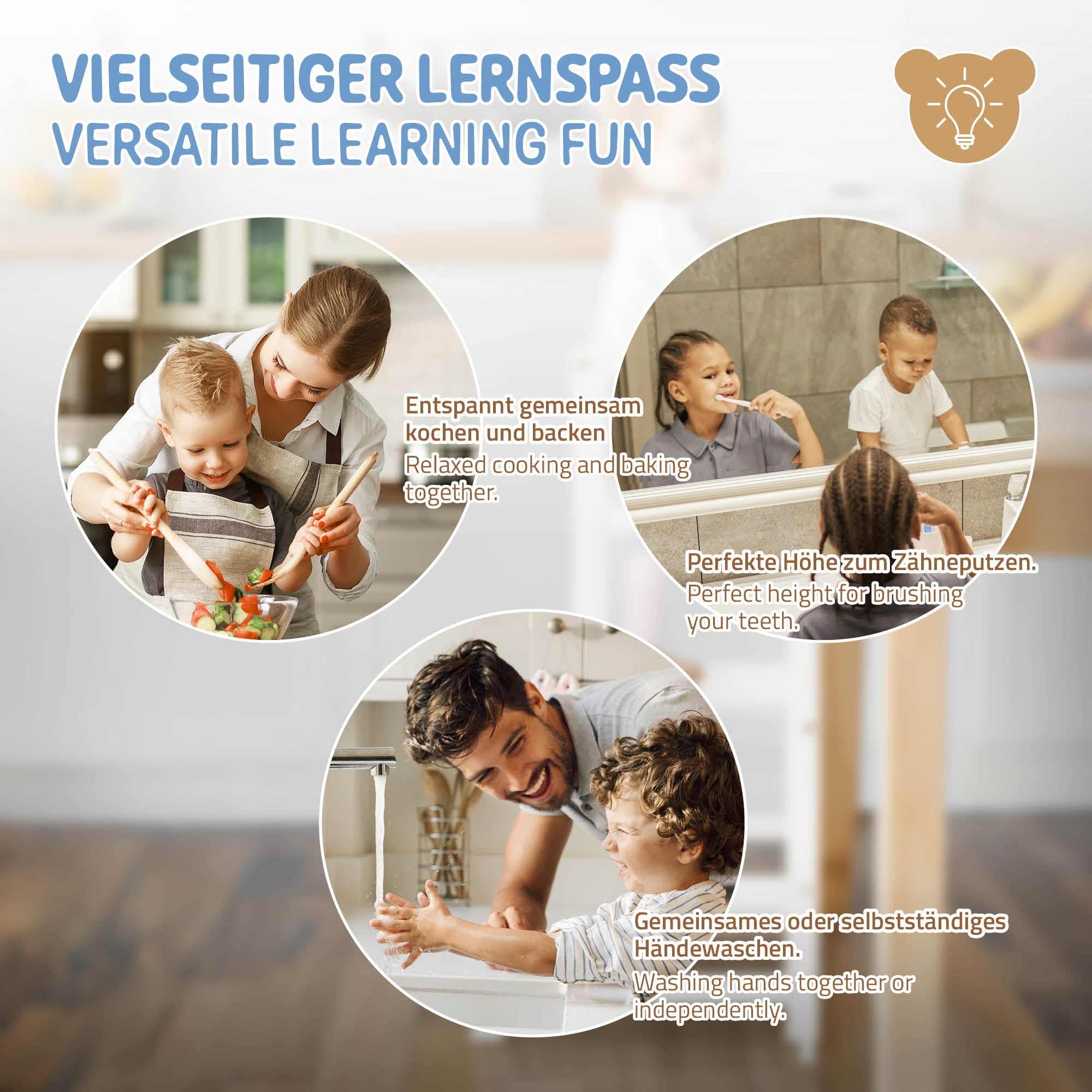 Familie kocht und backt zusammen, Kinder putzen Zähne, Hände waschen.