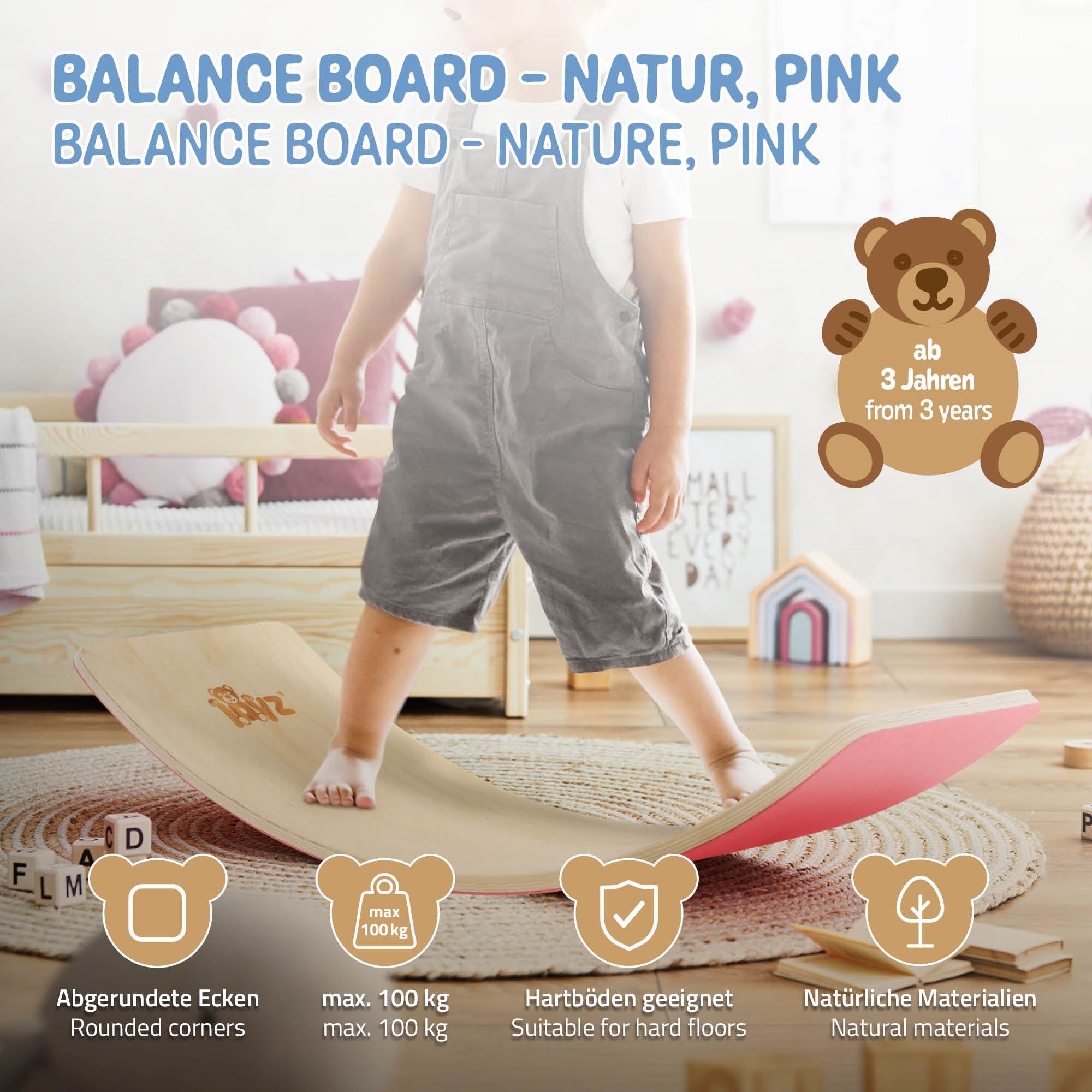 Un enfant se tient sur une planche d'équilibre rose et en bois naturel. Les informations sur le produit sont visibles.