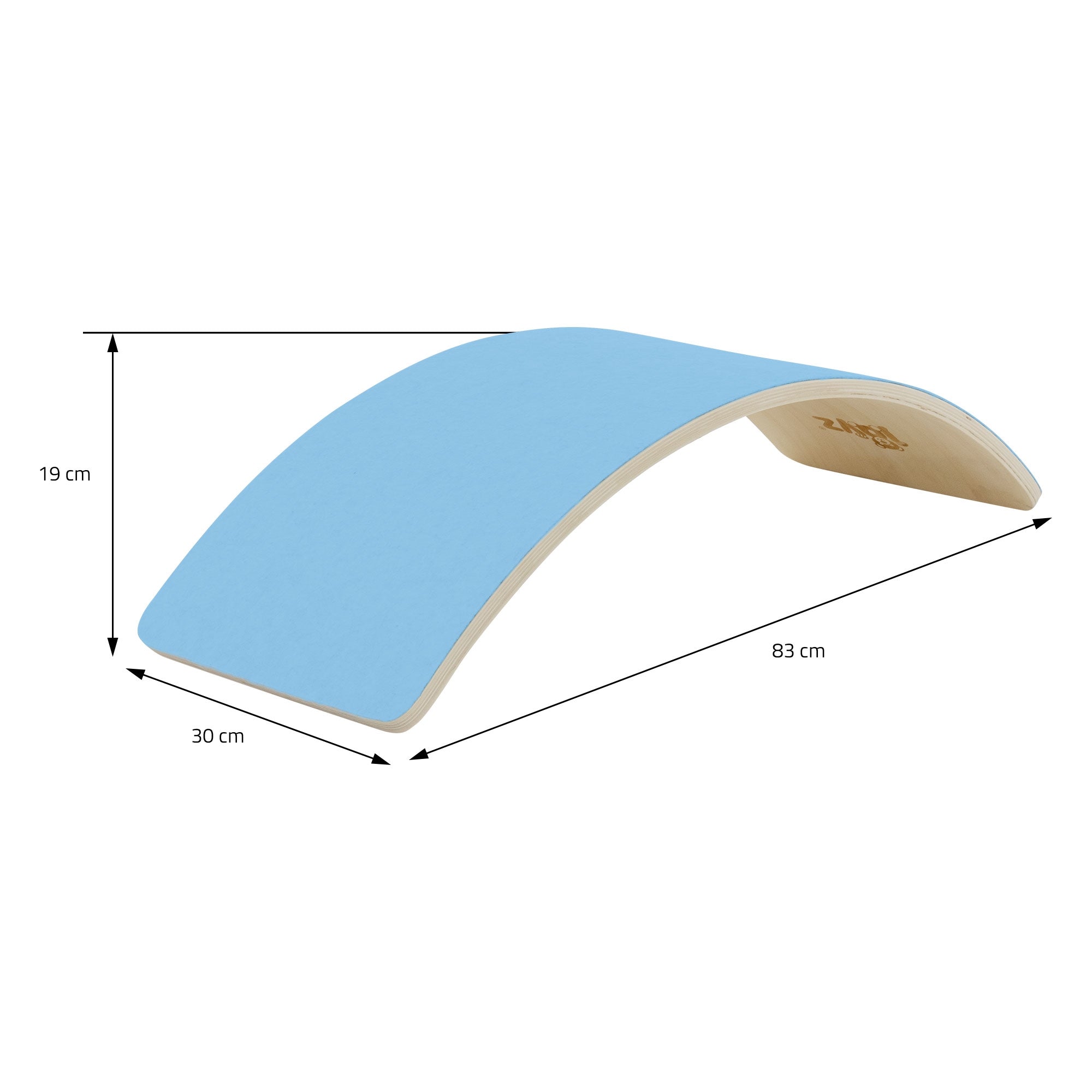 Kék fából készült híd méretei: 83 cm hosszú, 30 cm széles, 19 cm magas.