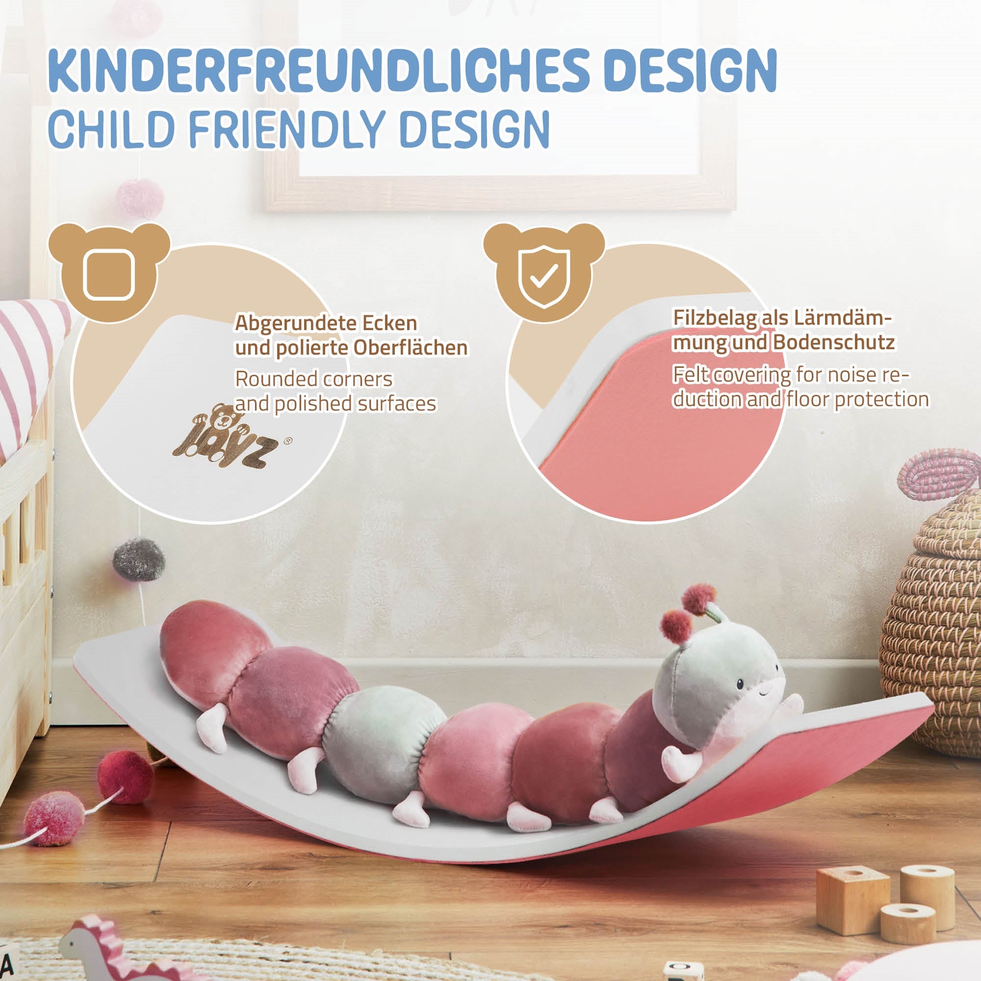 Wippe in Form eines Wurms, mit bunten Kissen und kindgerechtem Design.