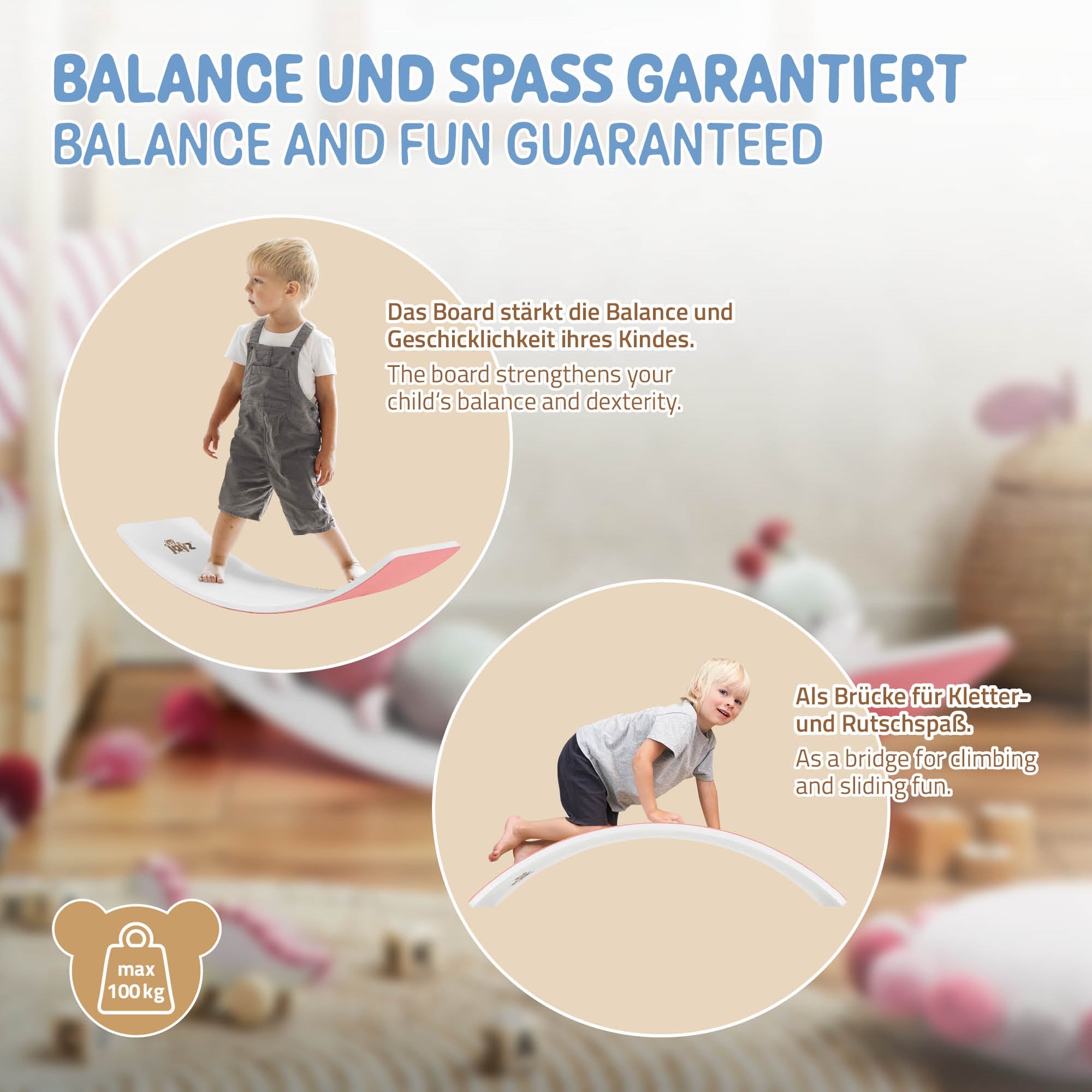 Kind auf einem Balanceboard, das die Balance und Geschicklichkeit fördert.