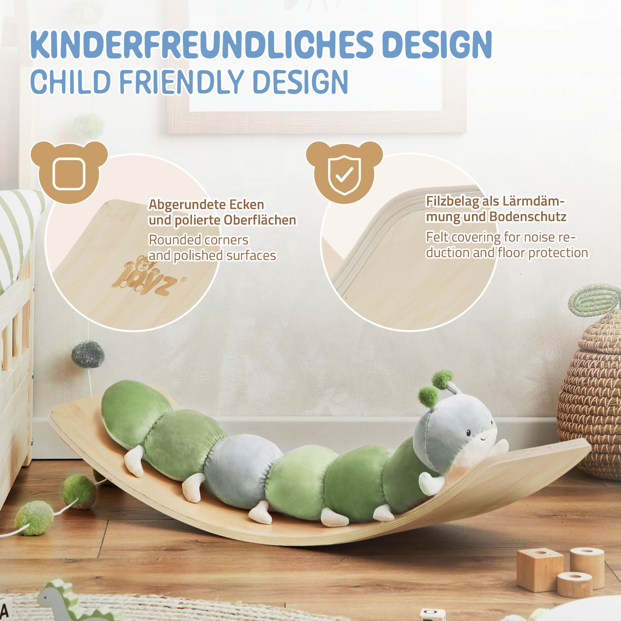 Jouet en bois avec des coins arrondis et un animal en peluche en forme de chenille.