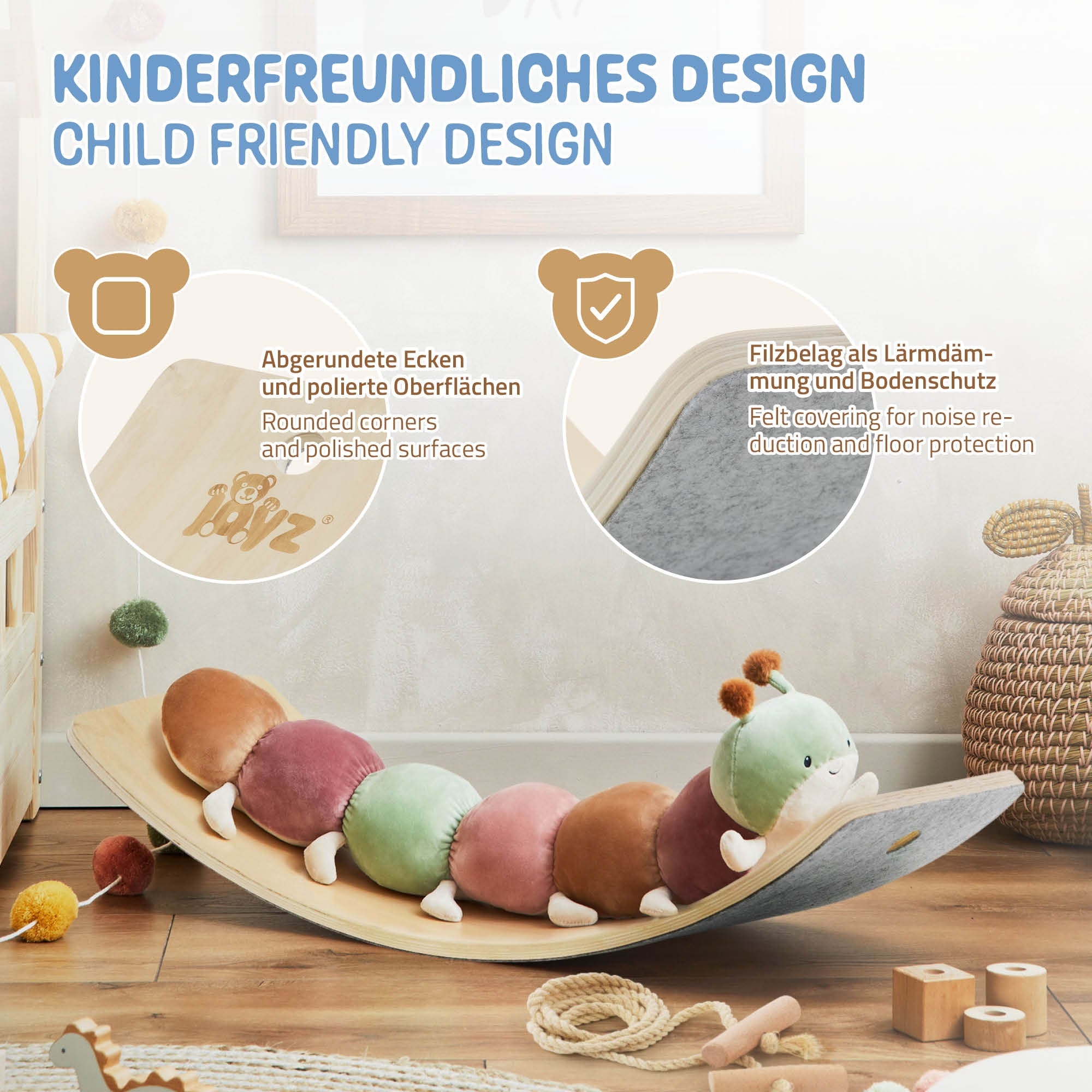 Kinderspielgerät mit abgerundeten Ecken und bunten Kissen.