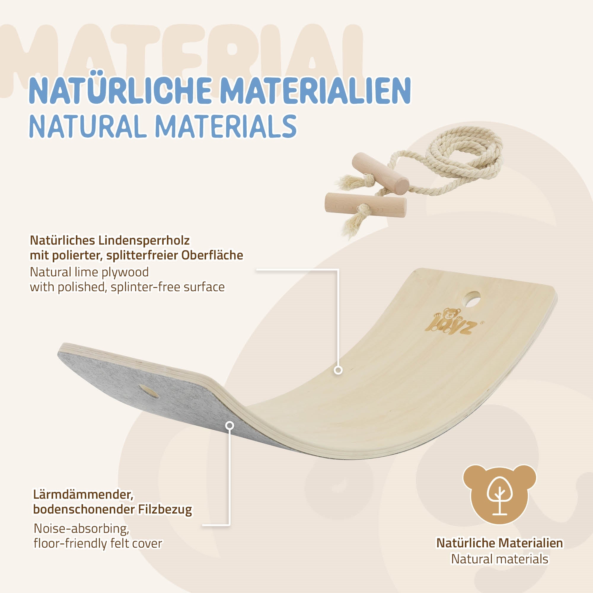 Holzbrett mit geschwungener Form und Seil, beschriftet mit natürlichen Materialien.
