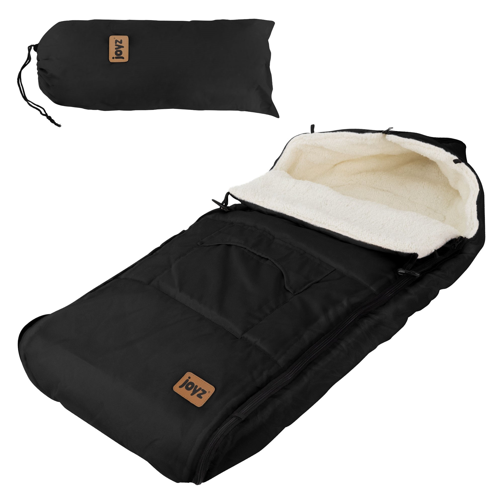 Schwarzer Babyfußsack mit einem Aufbewahrungssack daneben.