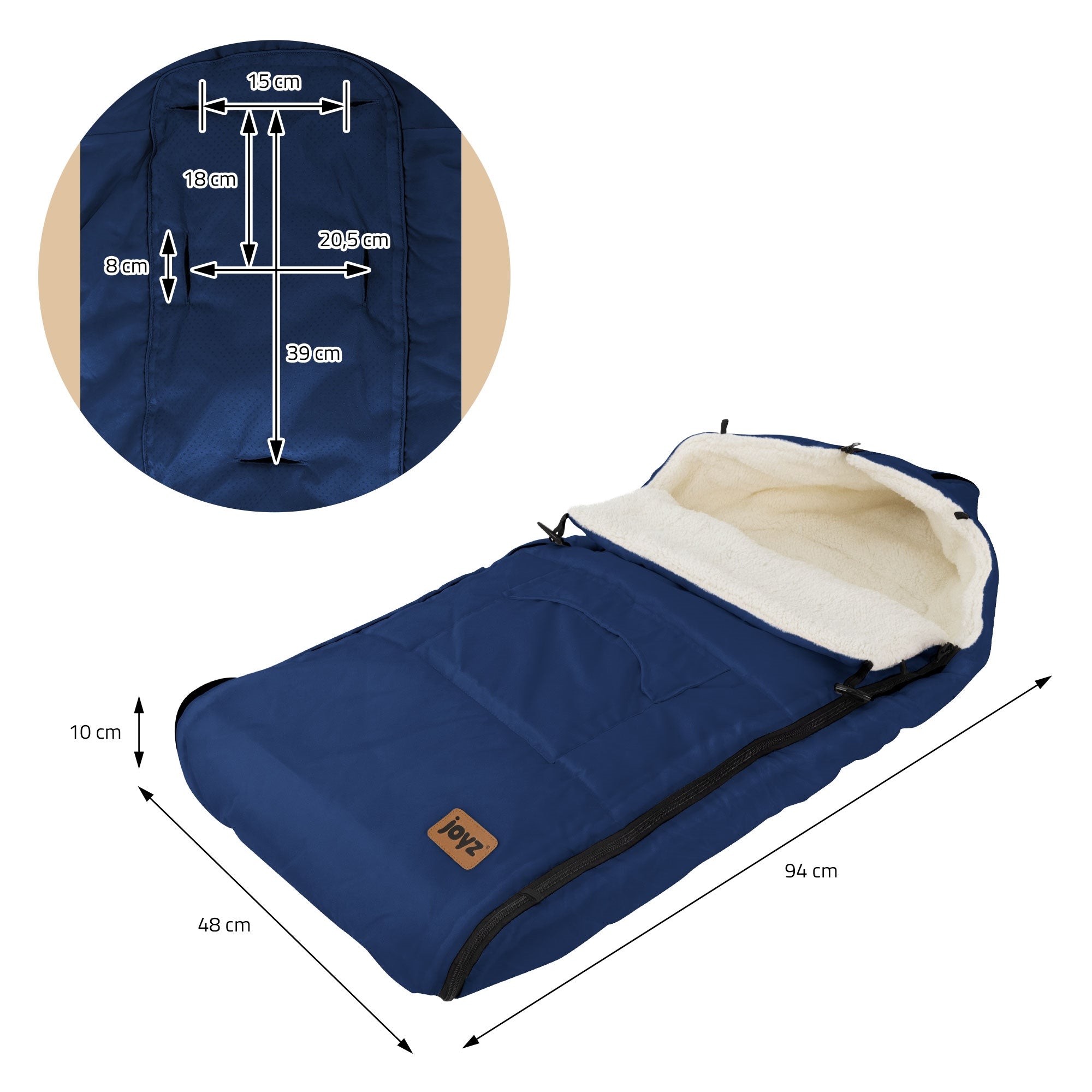 Maßzeichnung eines blauen Babyfußsacks mit Innenstoff und Reißverschluss.