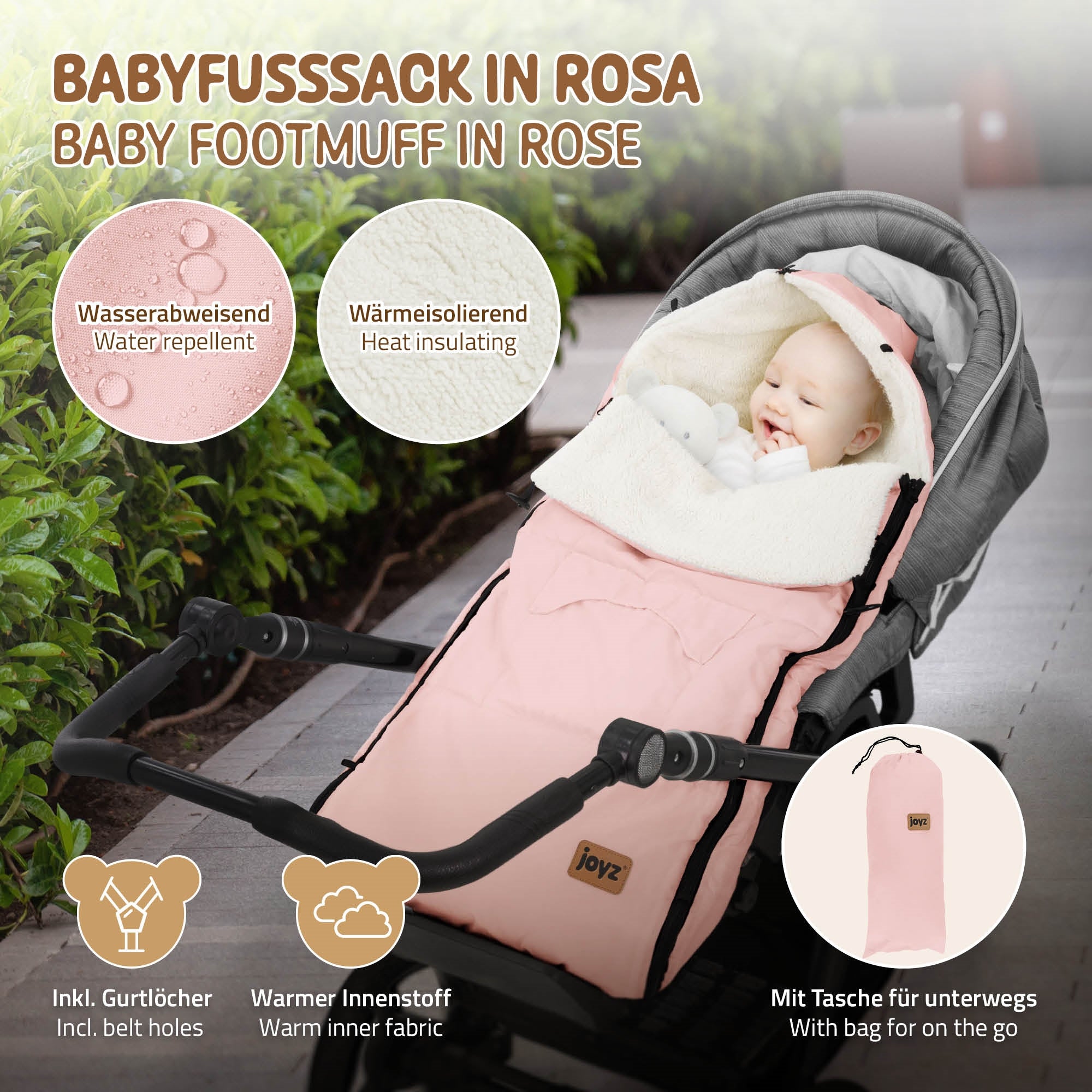 Sac de couchage pour bébé rose avec doublure et fentes pour ceinture.