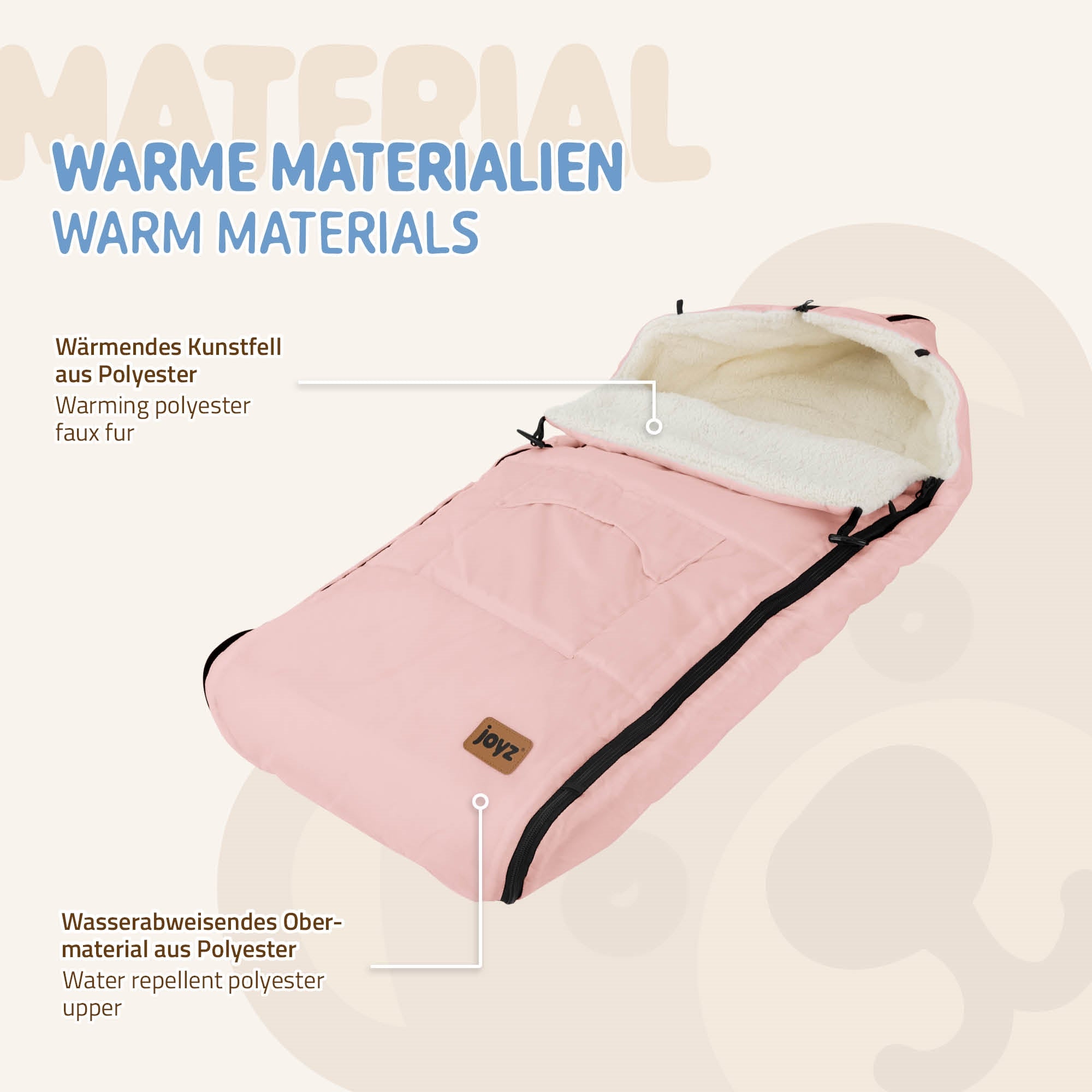 Saco de dormir de piel sintética rosa con material exterior repelente al agua.