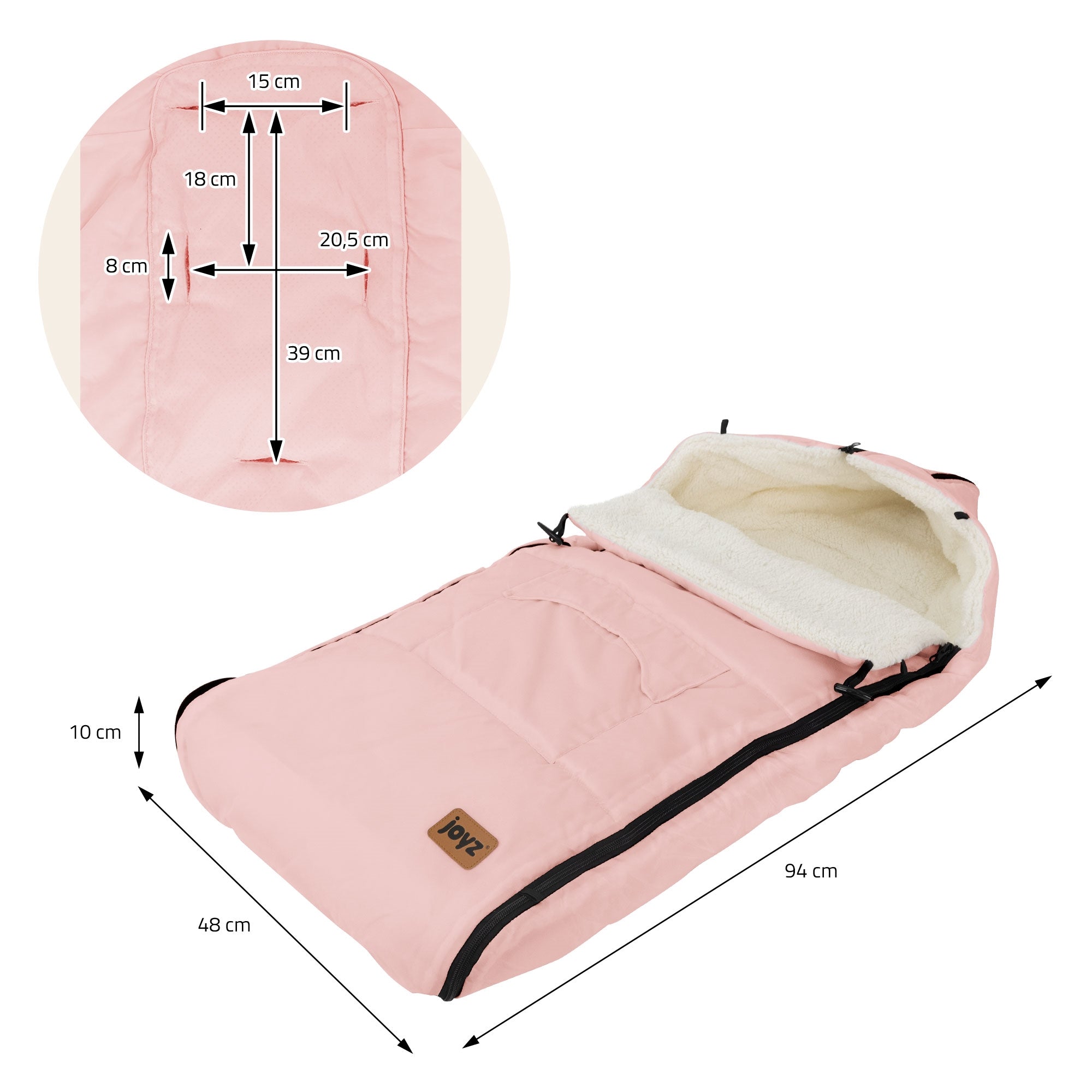 Dibujo de medidas de un saco de pie rosa con dimensiones en cm.