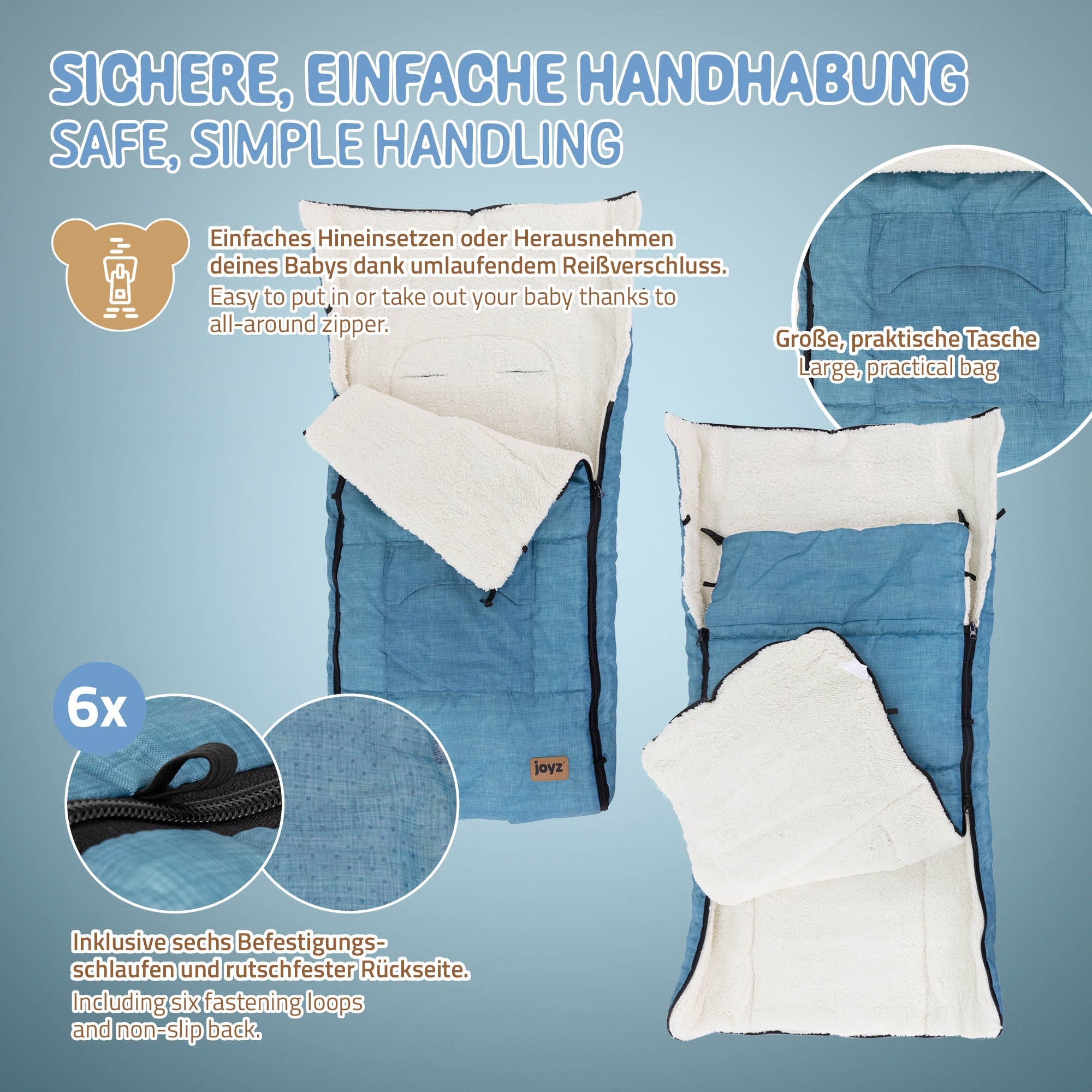 Grafik mit Anleitungen zur sicheren Handhabung eines Produkts in blauer Farbe.