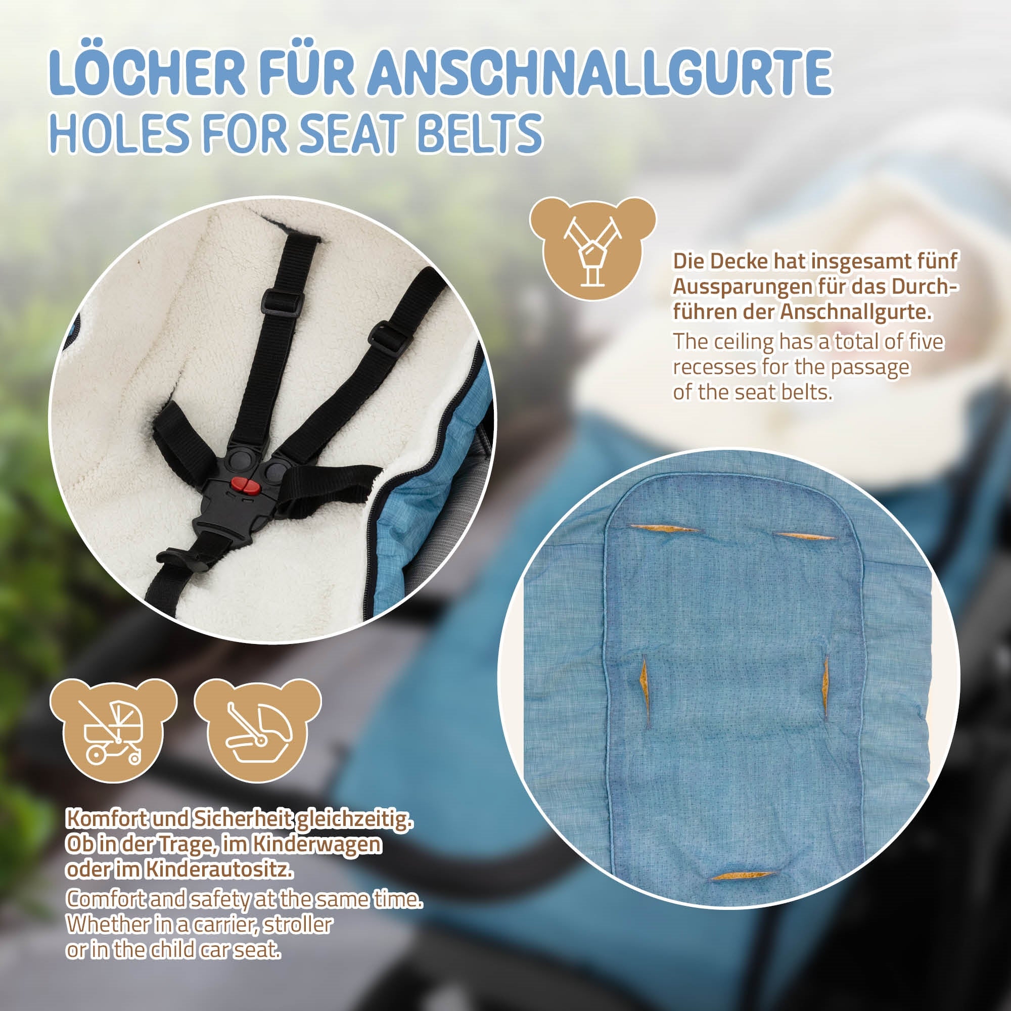 Eine Decke mit fünf Öffnungen für Anschnallgurte in einem Kinderwagen.