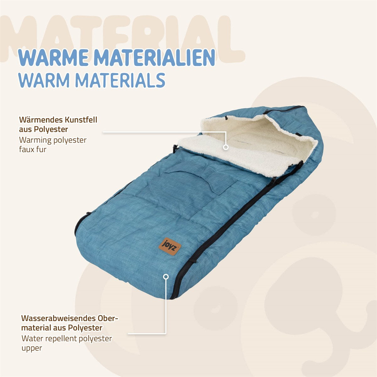 Produktbeschreibung mit blauer Decke und Informationen zu Materialien.
