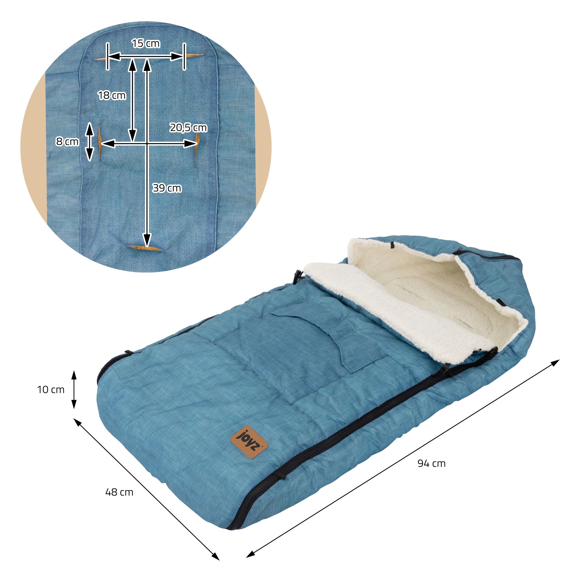Schlafsack mit Maßangaben in cm auf einem hellen Hintergrund.