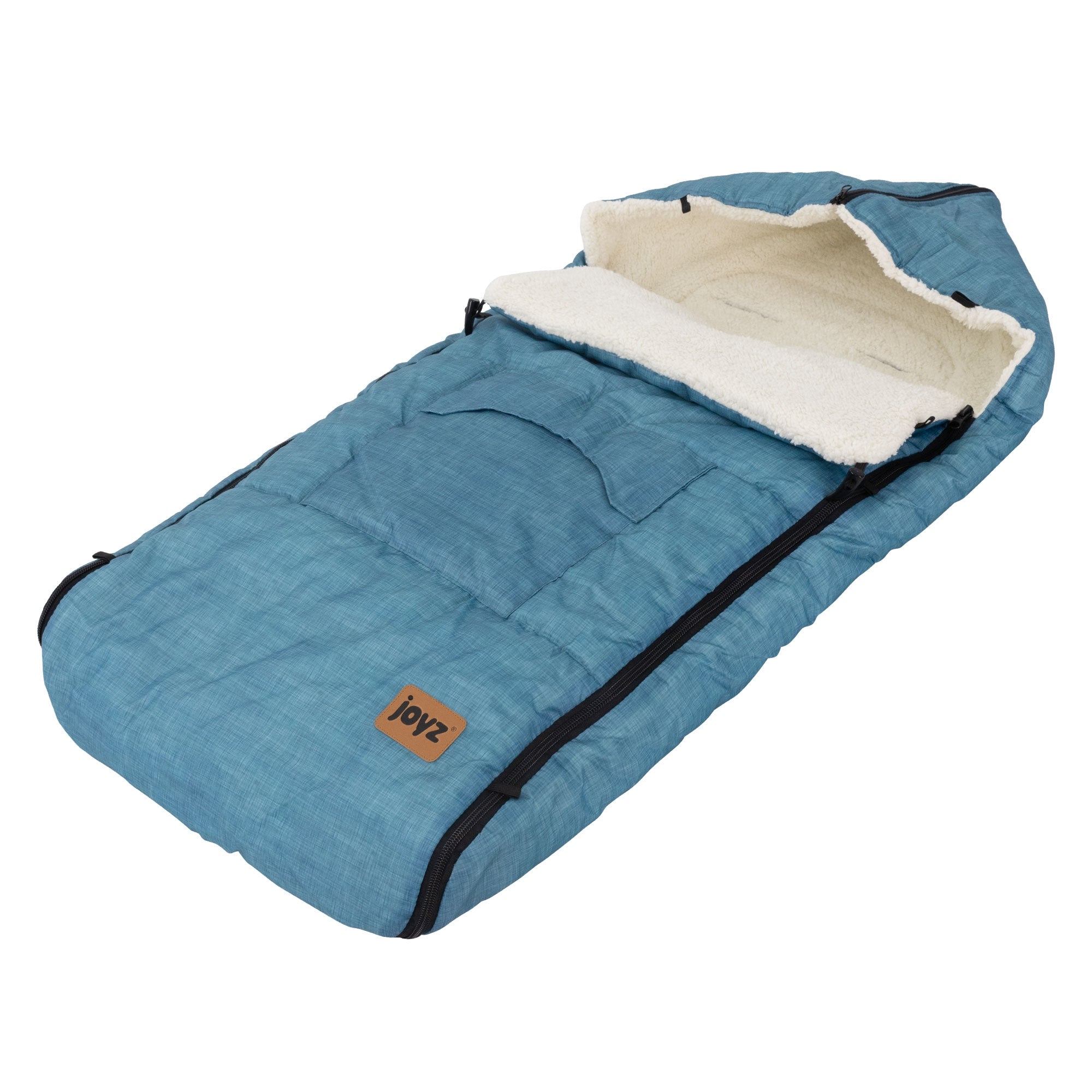 Blauer Schlafsack mit Kapuze und weichem Innenfutter.