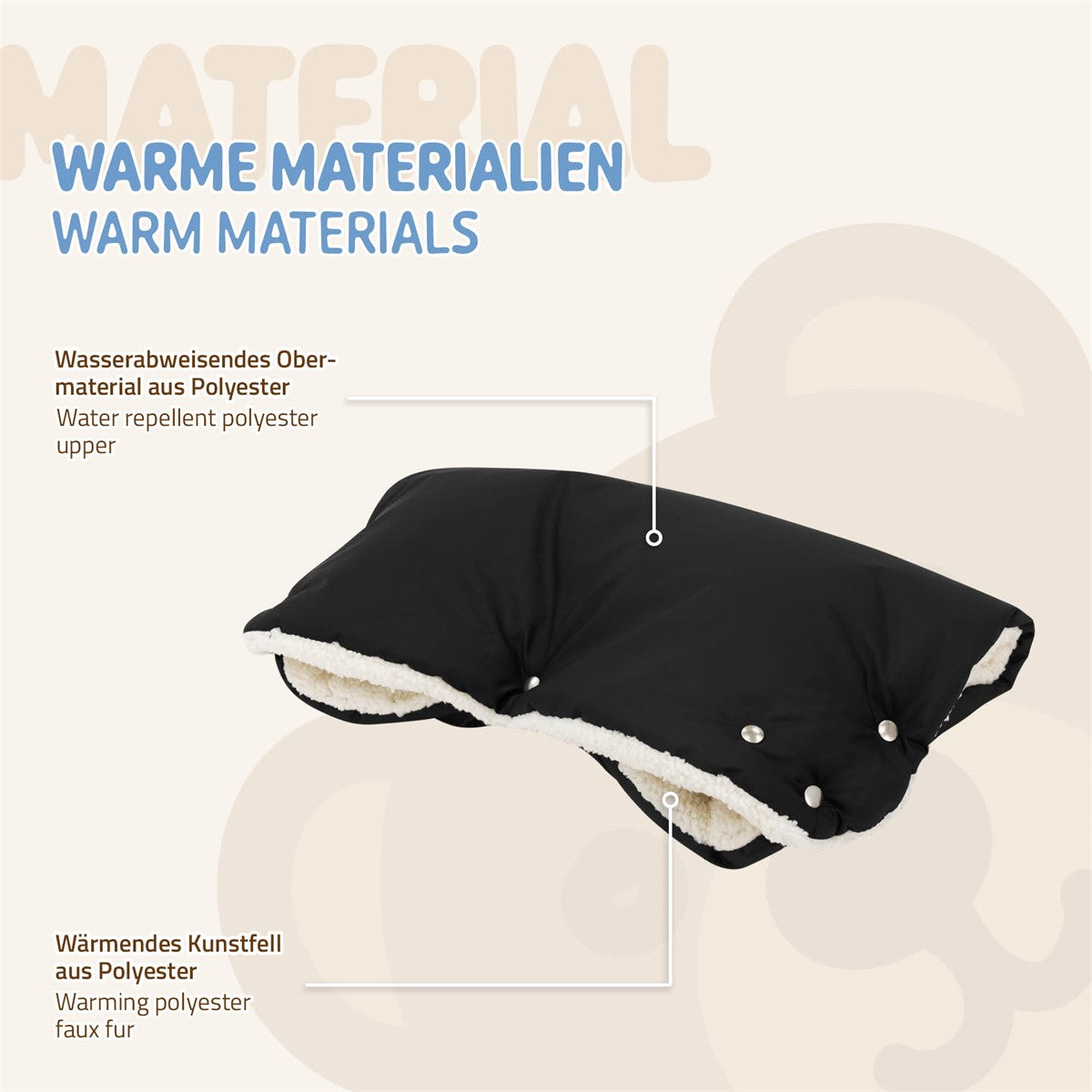 Schwarze, wasserabweisende Obermaterialien mit warmem Kunstfell.