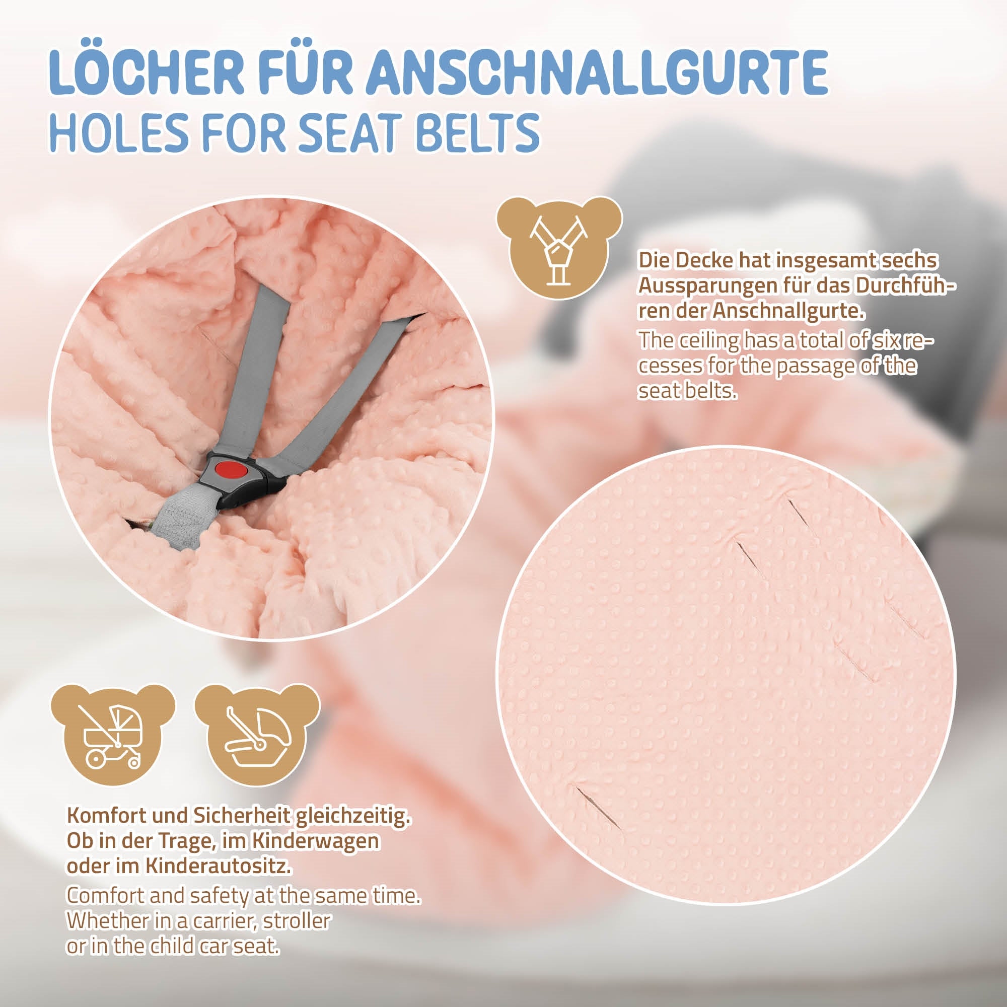 Couverture avec six trous pour les ceintures de sécurité, en textile rose avec des détails de couture.