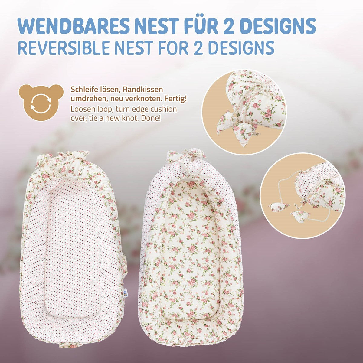Wendbares Nest mit zwei Designs, floral und gepunktet, für Babys.