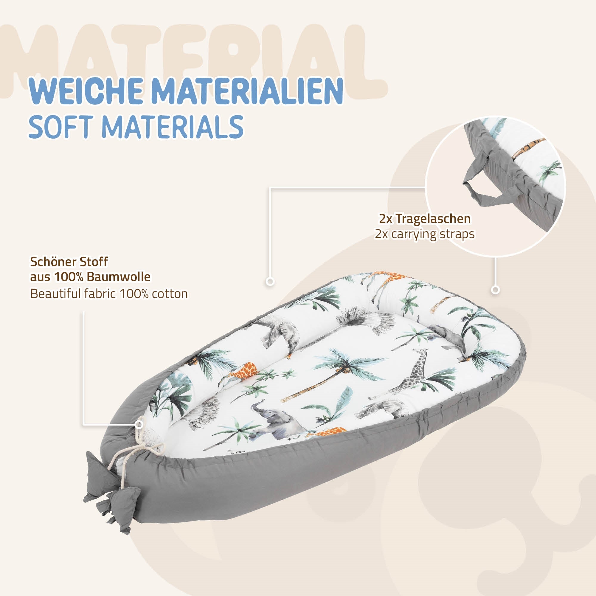 Lit de bébé avec tissu doux et deux poignées, imprimé avec des animaux.