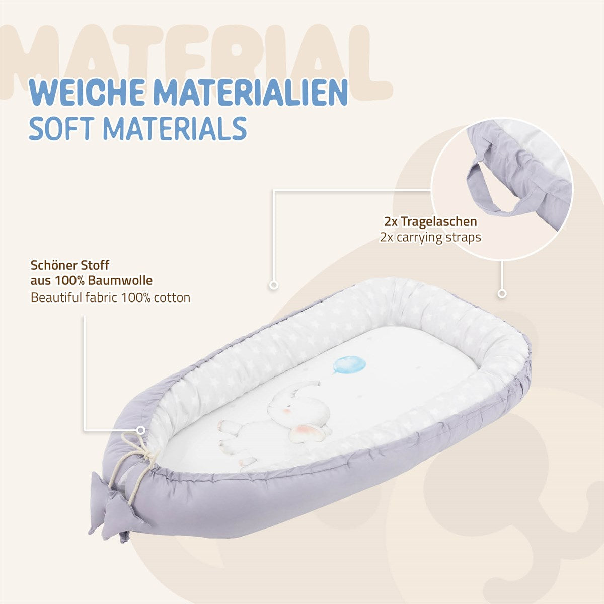 Baby Nest aus weichem Material, mit Tragegriffen und einem niedlichen Motiv.