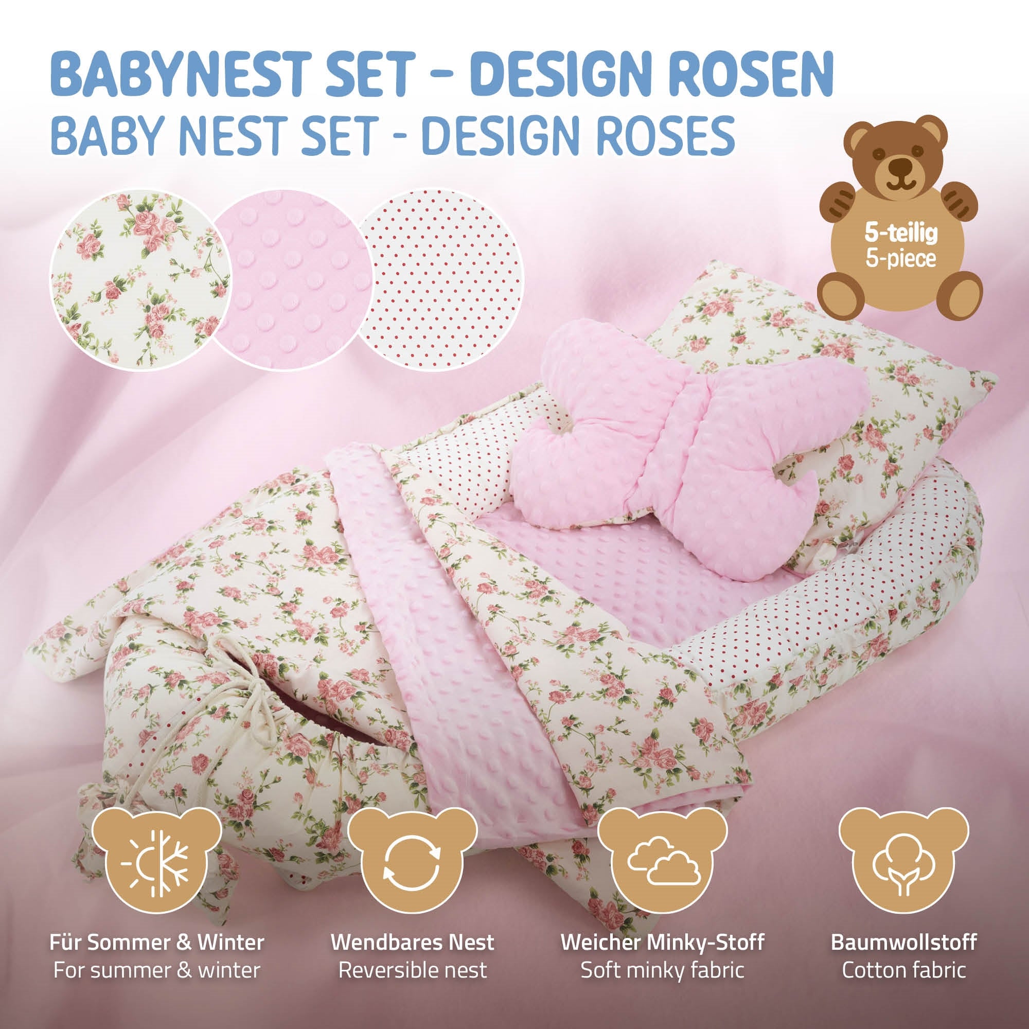 Ensemble de nid pour bébé avec motif de roses, coussin rose et tissu doux.