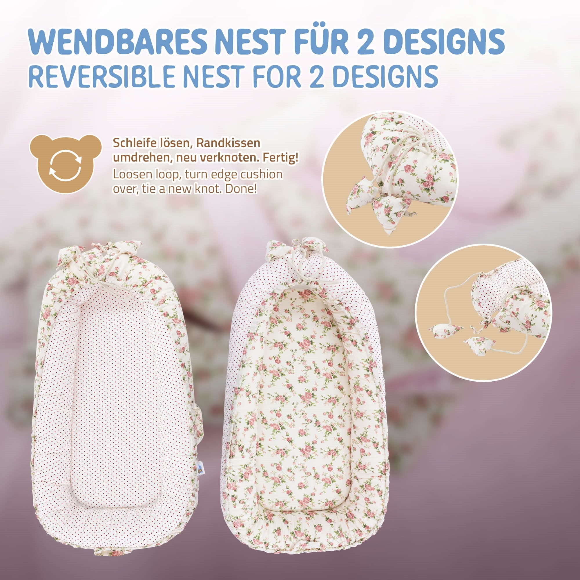 Wendbares Babybett mit Blumenmuster, zwei Designs, einfach umdrehen.