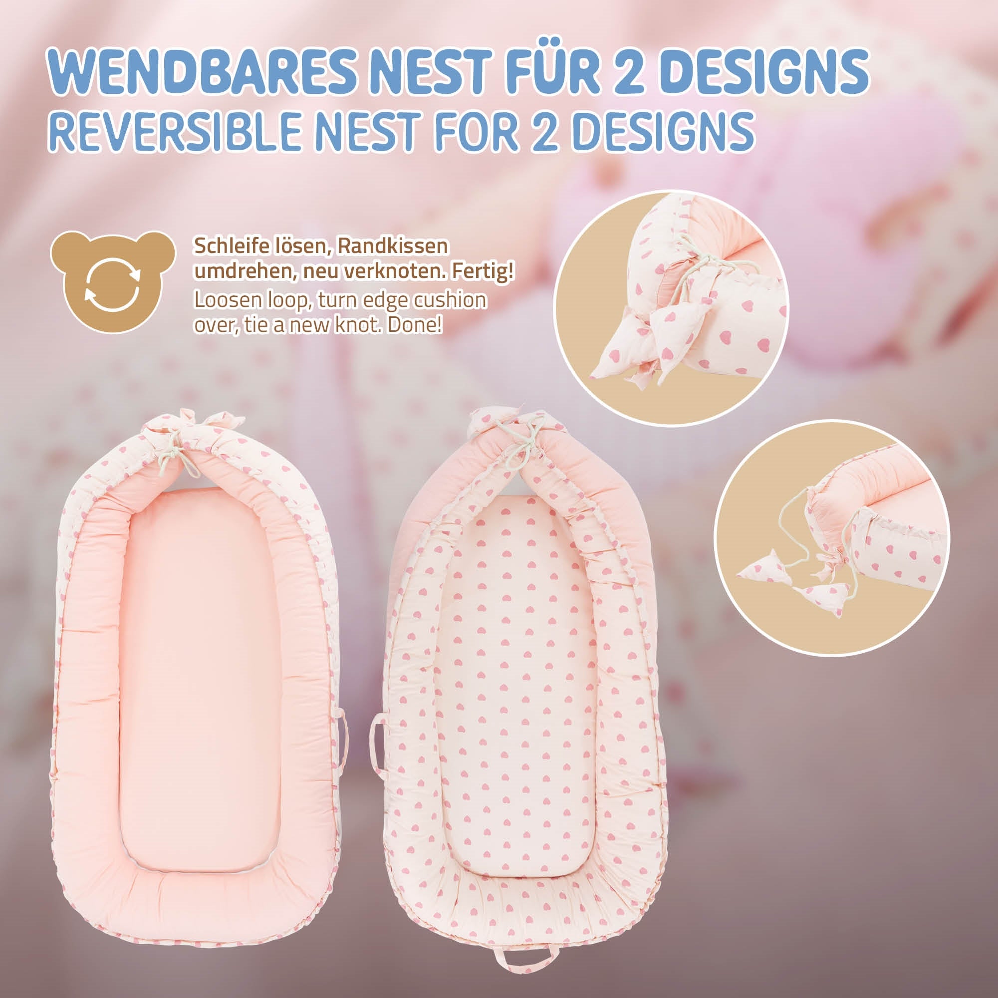 Lit pour bébé réversible en rose avec des pois et deux designs.