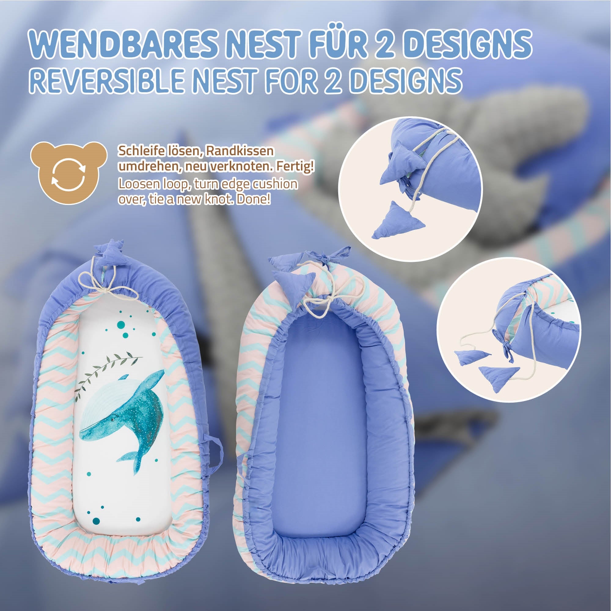Reversible nest in blue and white with a whale pattern and two designs.