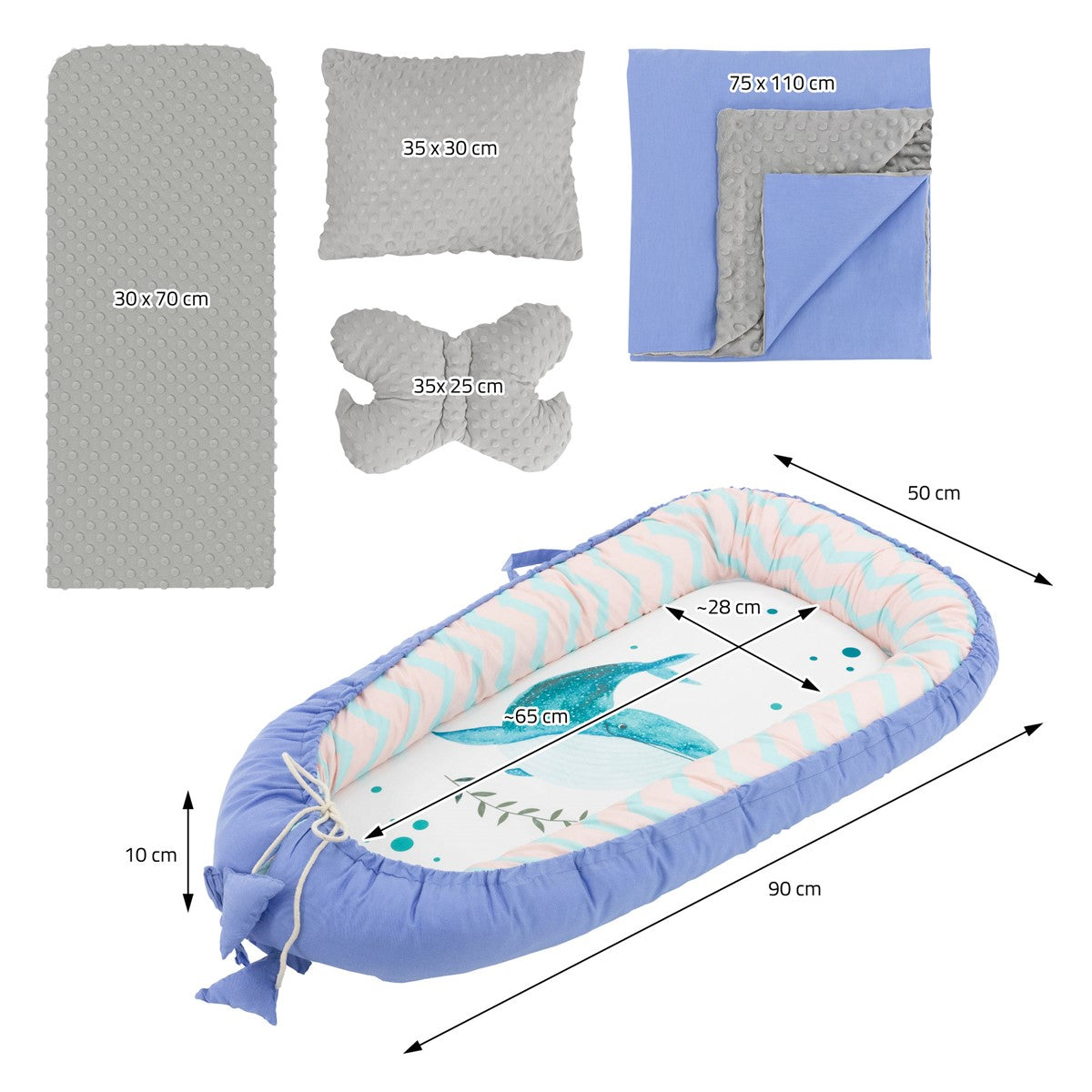 Set mit Nest, Kissen und Decke in Blau mit Vogel-Muster.
