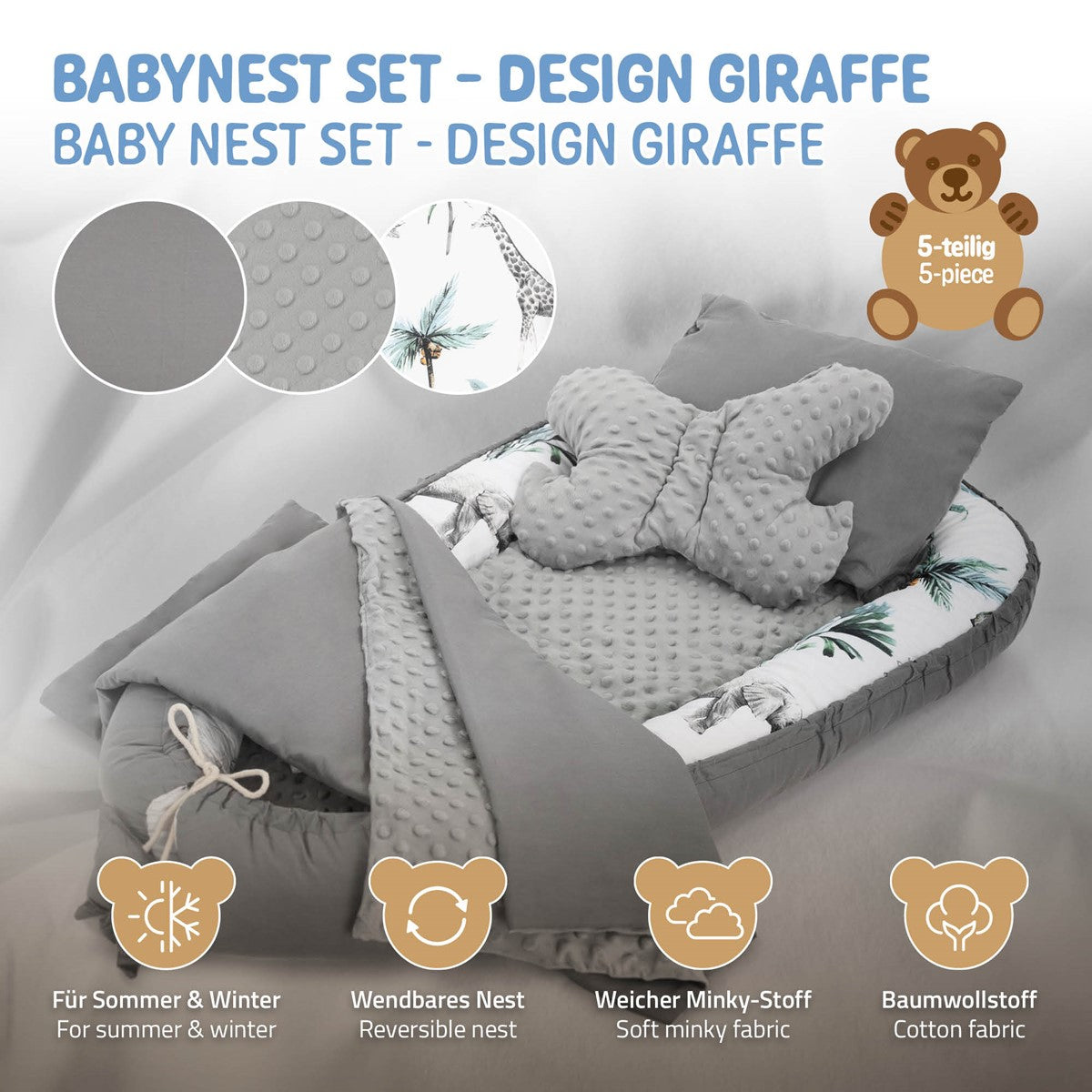 Szürke Baby Nest szett párnával és takaróval, világos háttéren ábrázolva.