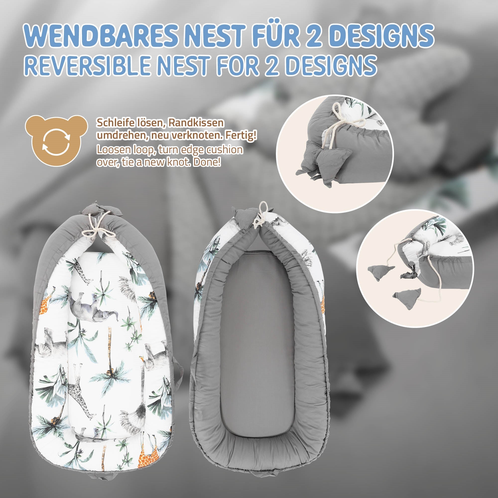 Wendbares Nest in zwei Designs, mit Bärchen-Motiv und grauer Innenseite.