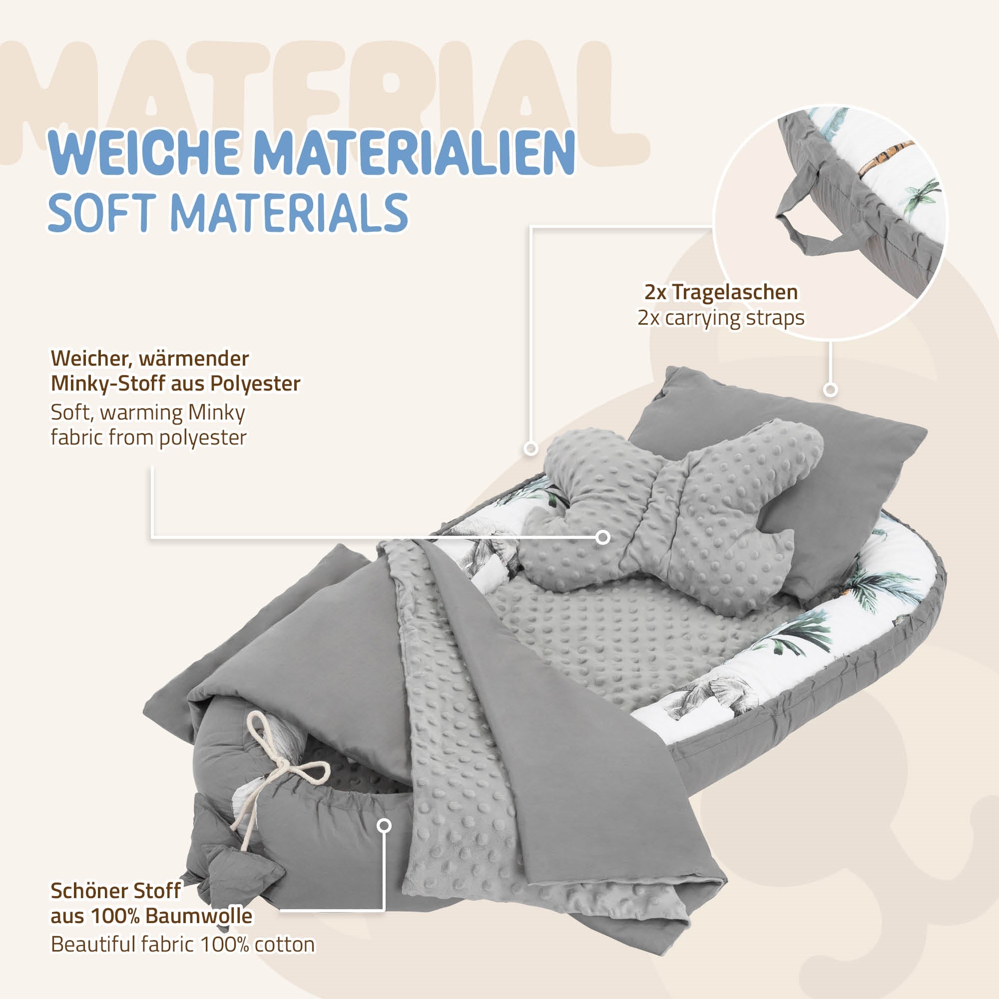 Weiche Materialien, Minky-Stoff aus Polyester und Baumwolle, Tragegriffe.