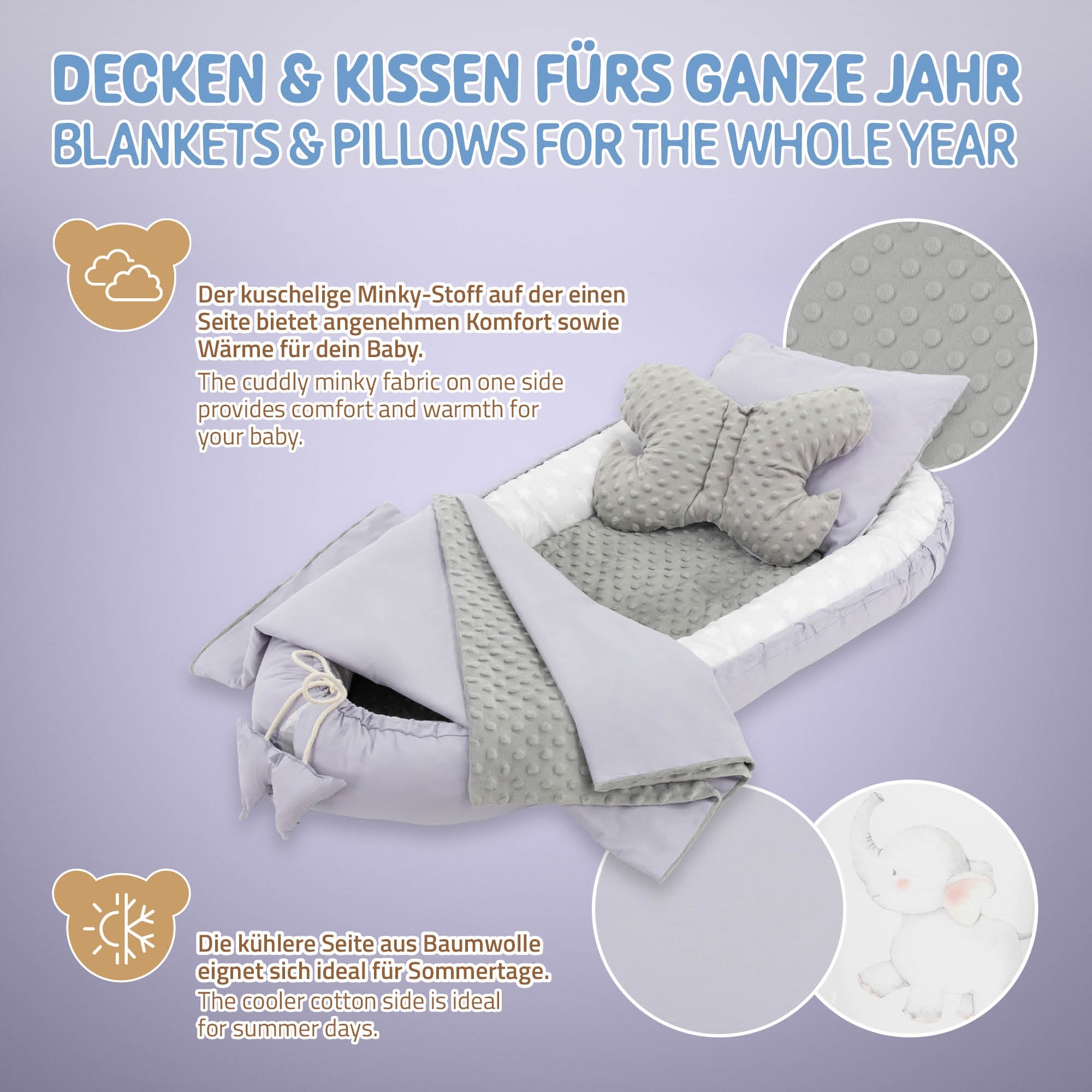 Een set van dekens en kussens in grijs en wit voor baby's.