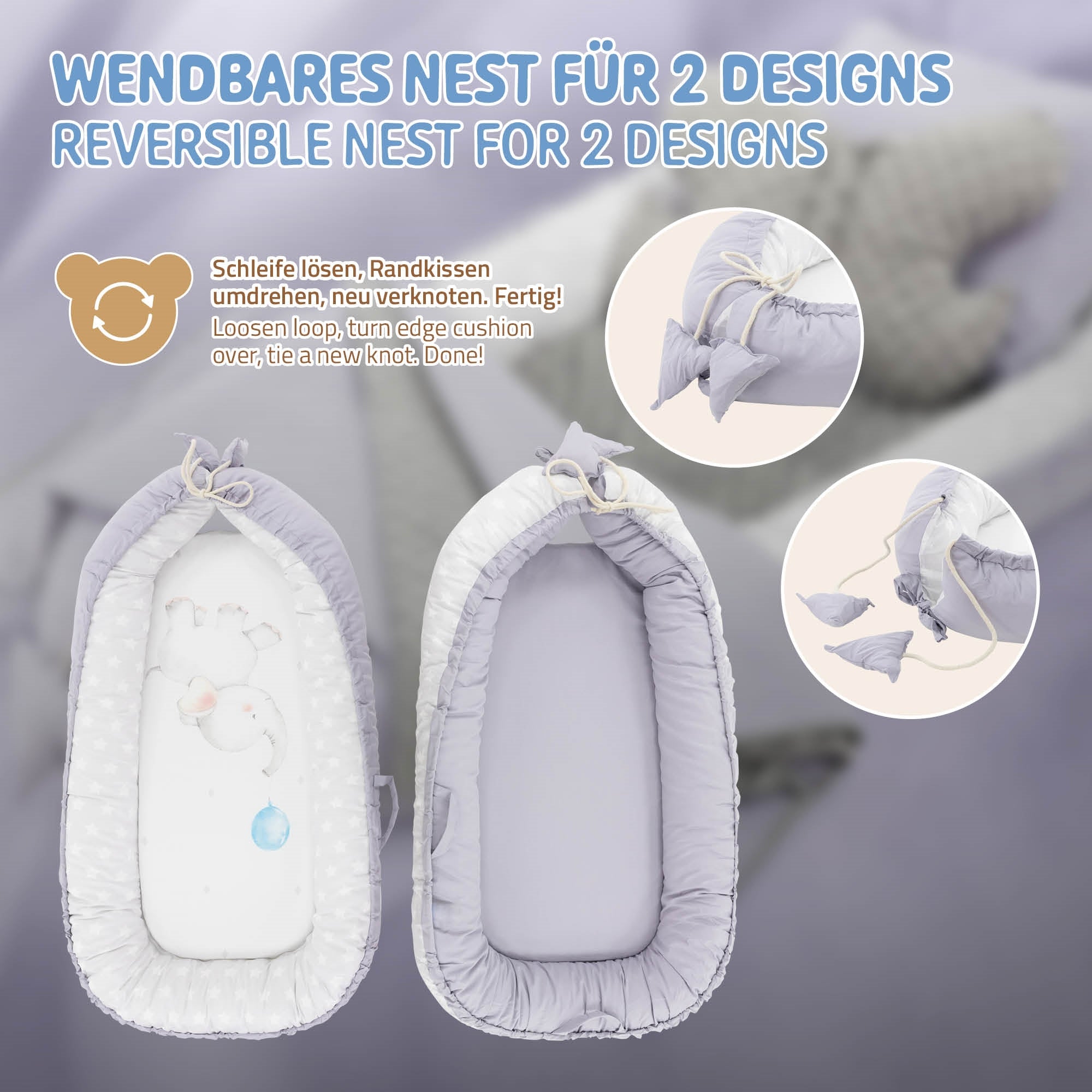 Omkeerbaar nest met twee ontwerpen in grijs en paars, met kussen en deken.