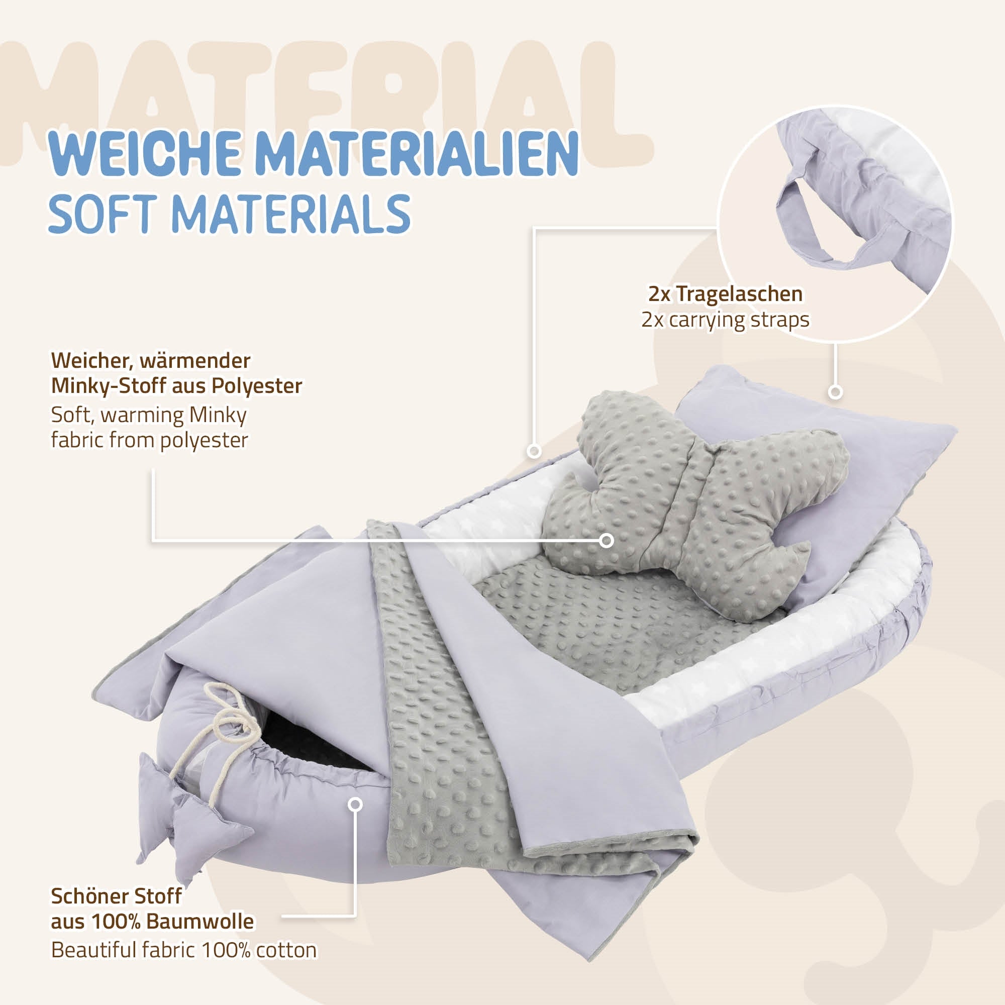 Een zacht babybed met een deken en een kussen in zachte kleuren.