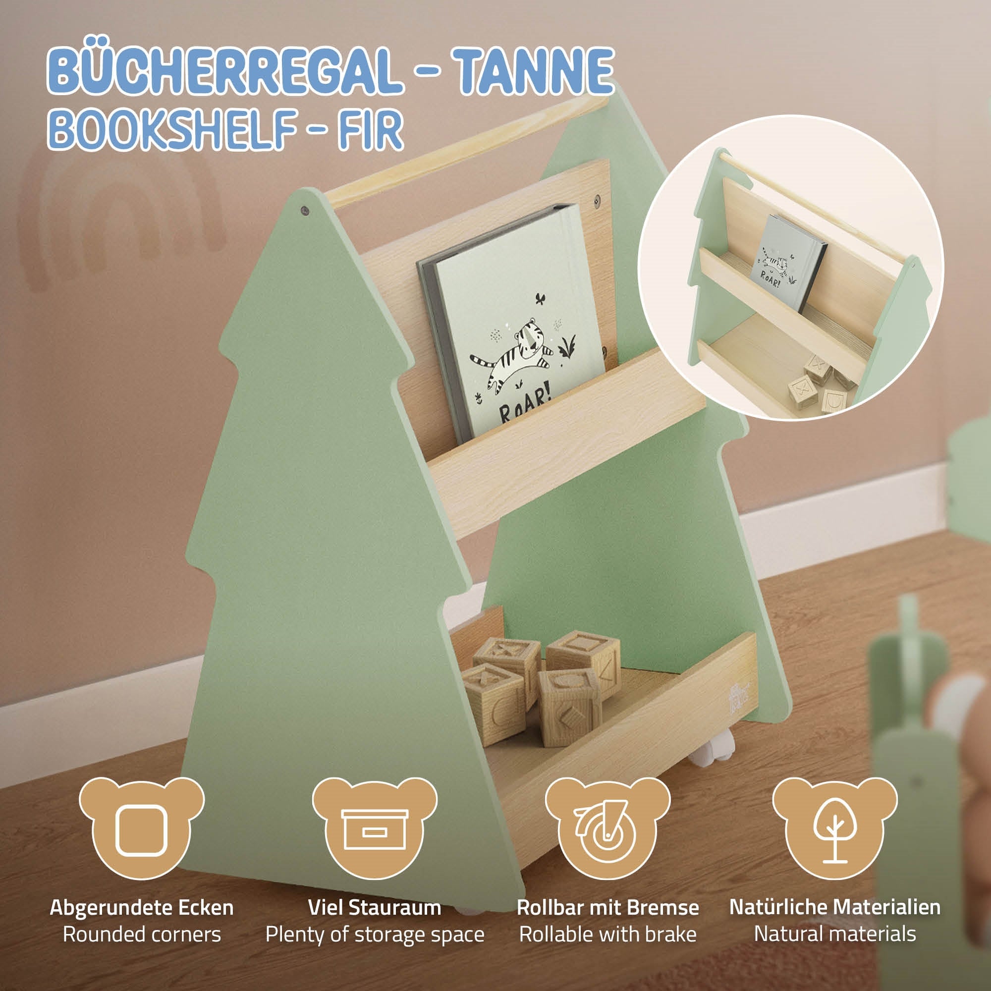 Ein grünes Bücherregal in Form eines Baumes mit Spielzeug und Büchern.