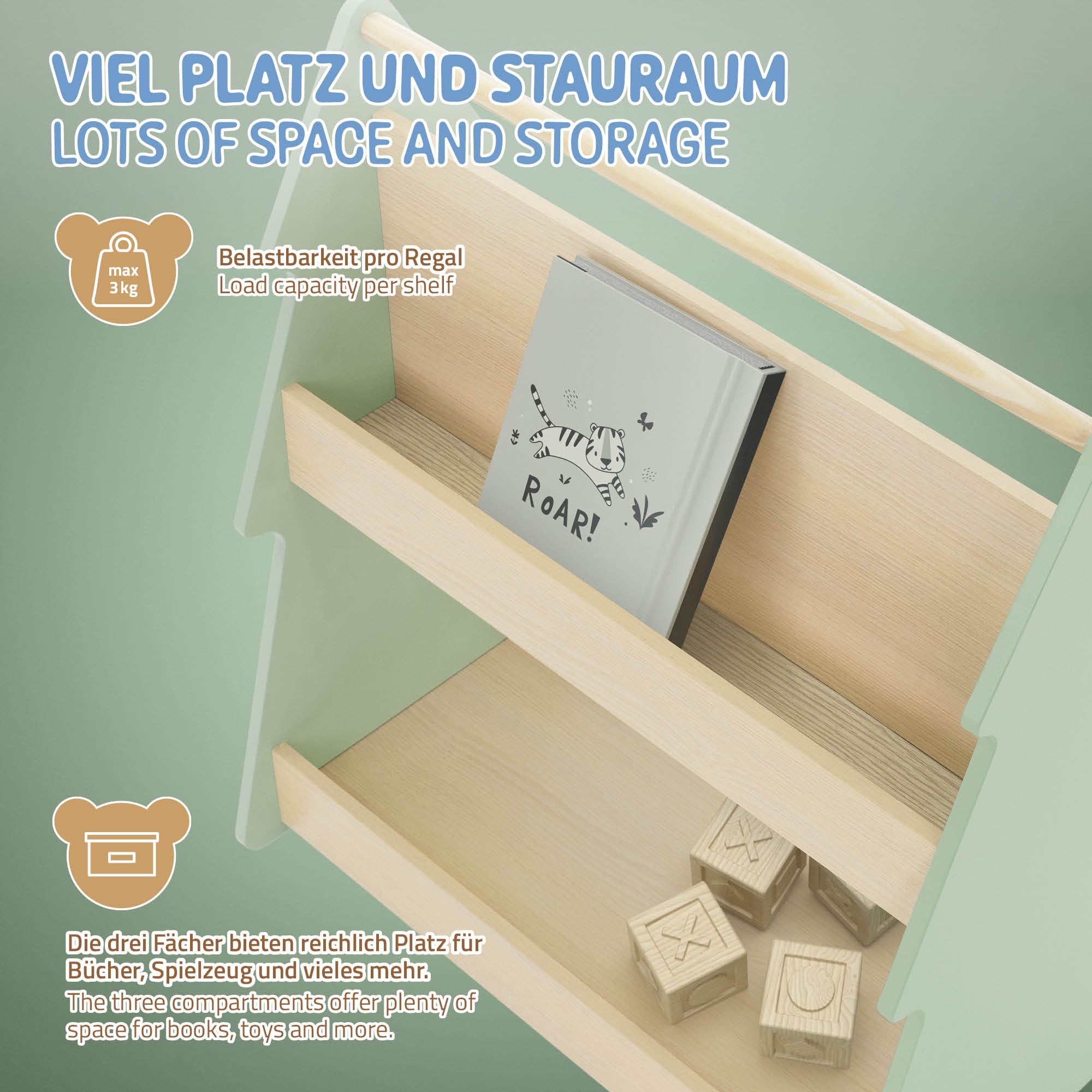 Ein Regal mit einem Buch und Holzklötzen auf zwei Regalböden.